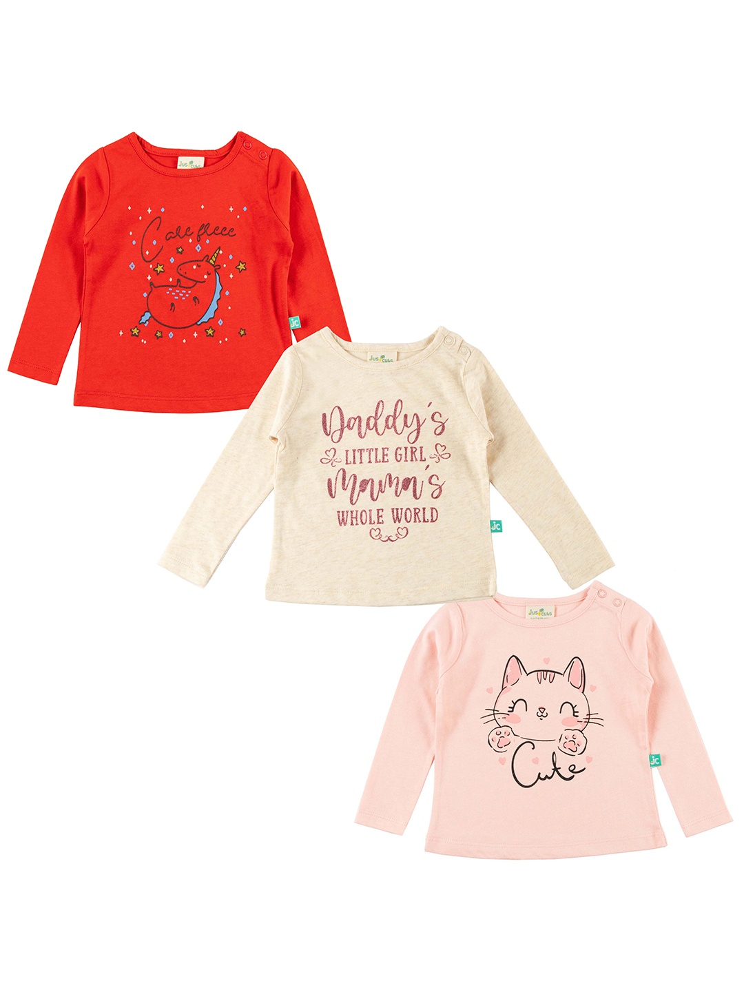 

JusCubs Girls Pack Of 3 Red & Cream-Coloured Typography Cotton Printed T-shirt