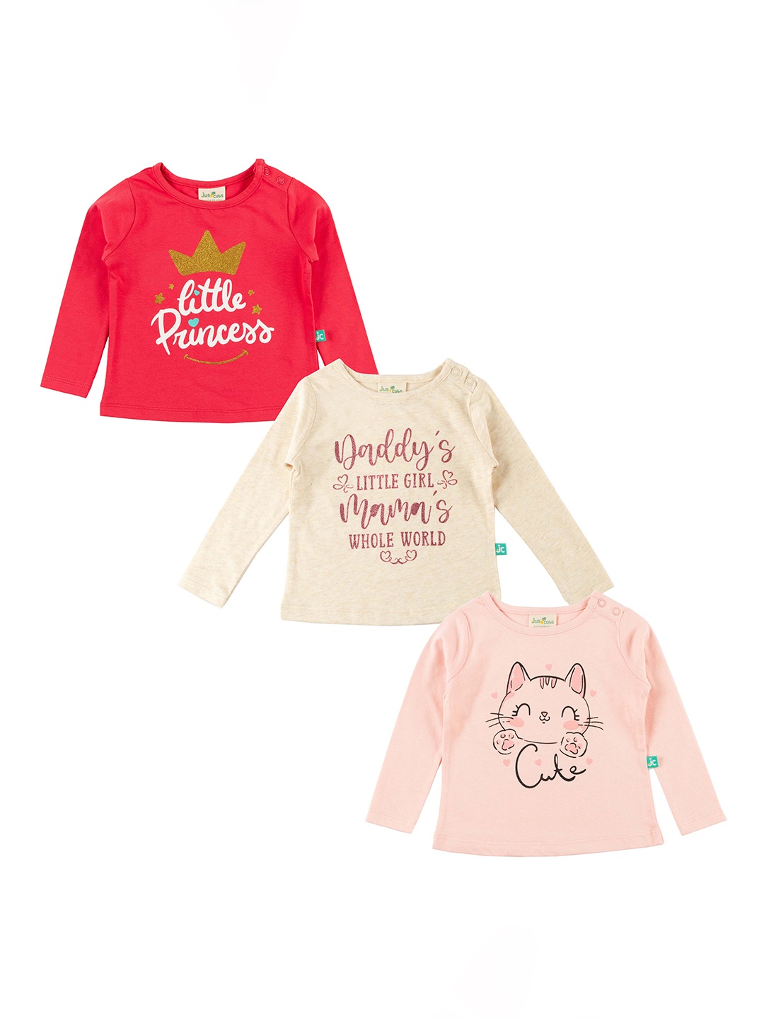 

JusCubs Set of 3 Girls Typography Printed T-shirt, Red