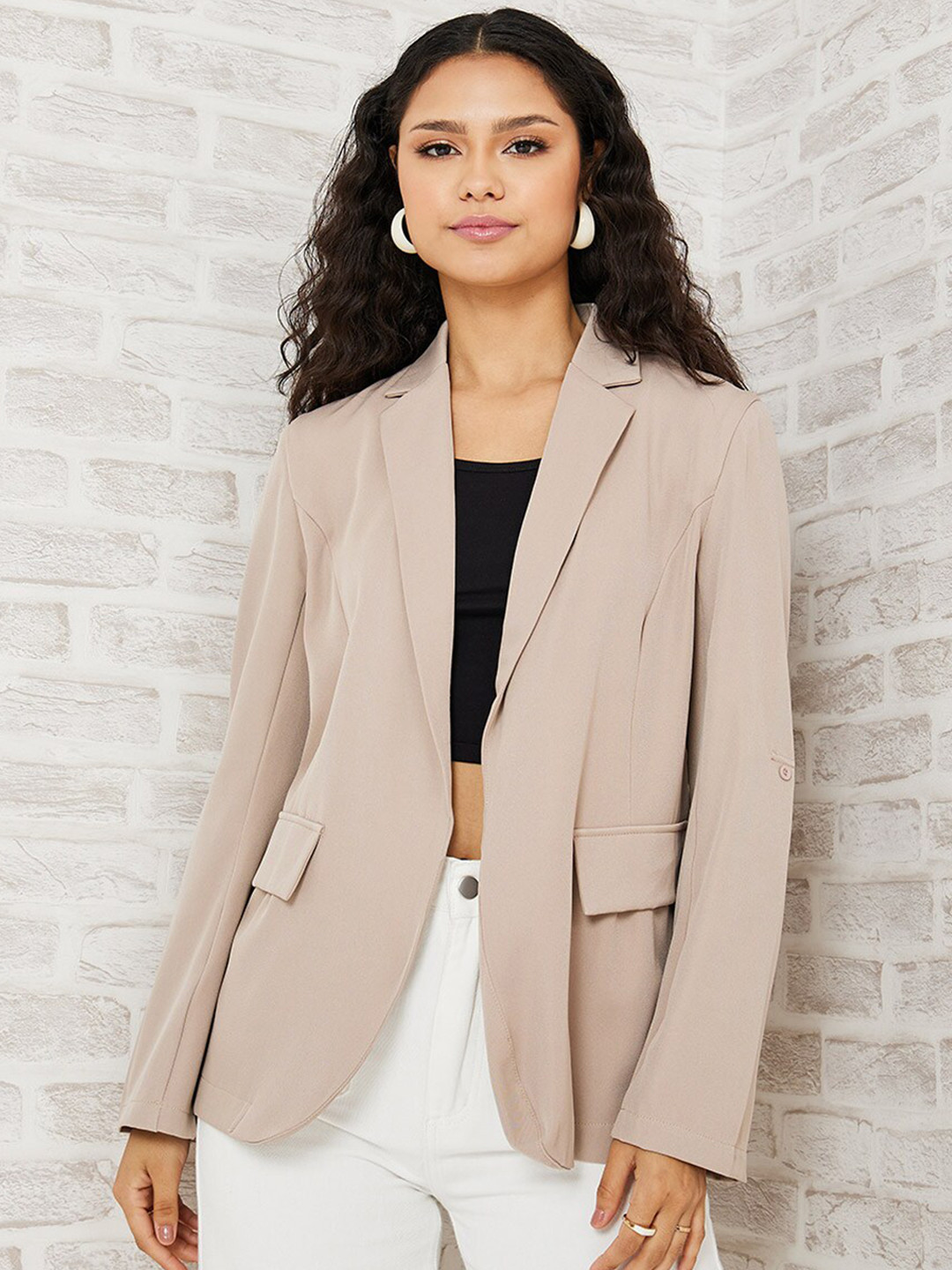 

Styli Women Beige Solid Roll-Up Sleeves Open Front Regular Fit Longline Blazer