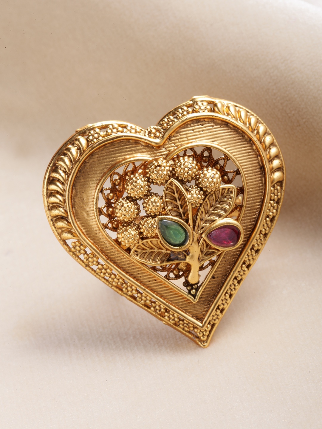 

PANASH Women Gold-Plated Red & Green Stone Heart Shaped Finger Ring