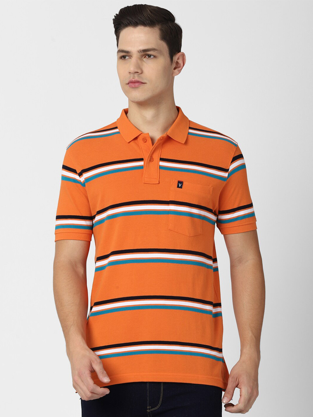 

Van Heusen Sport Men Orange Striped Polo Collar Cotton T-shirt