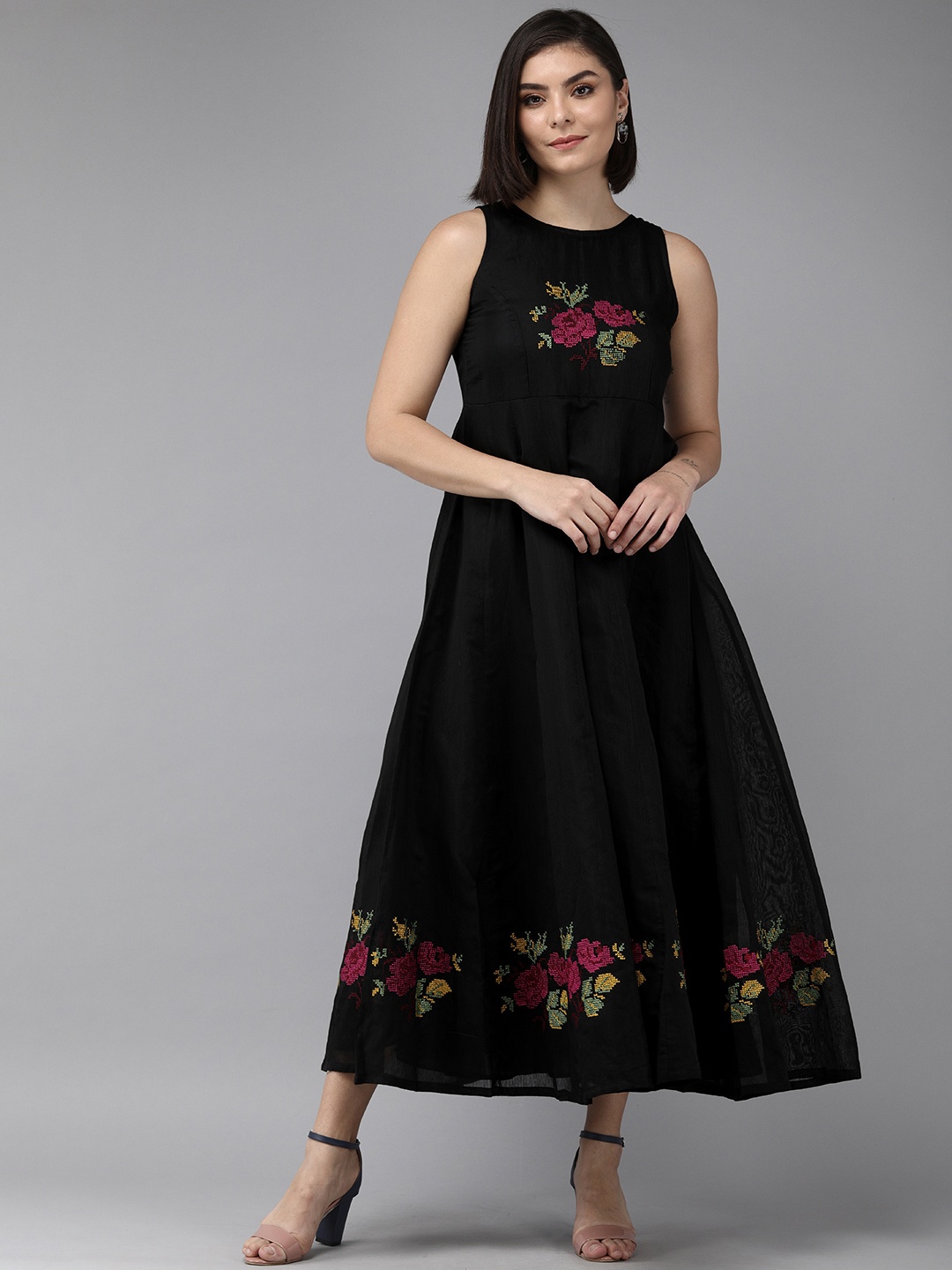 

Bhama Couture Floral Embroidered Maxi Dress, Black