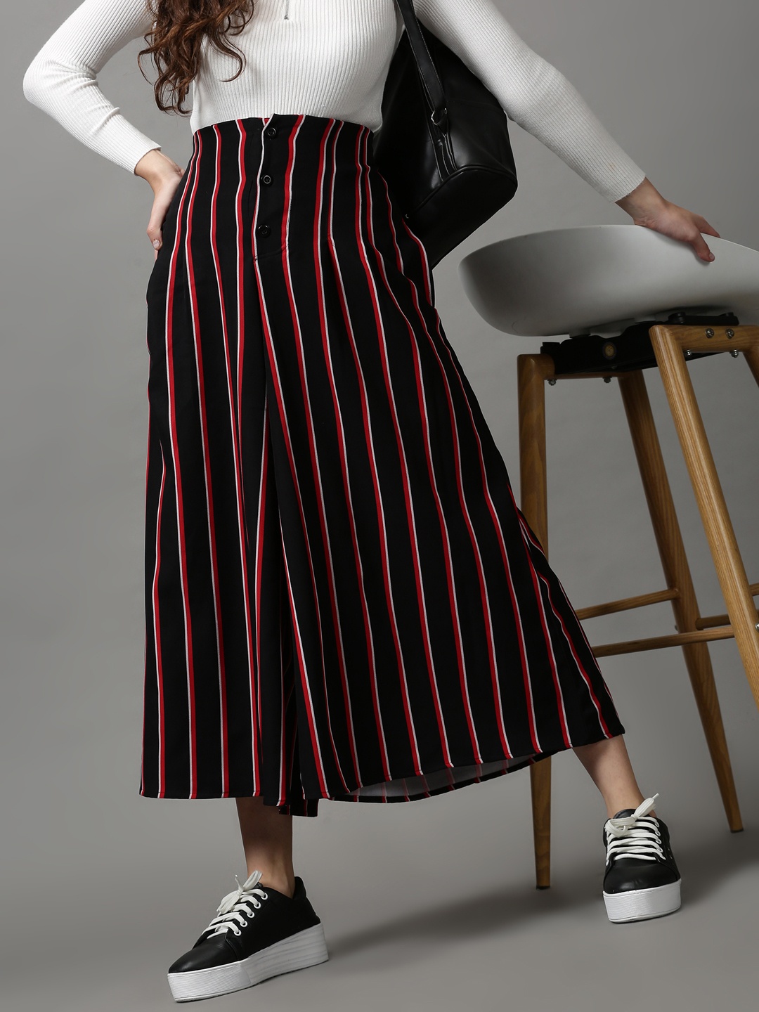 

SHOWOFF Women Black Striped Loose Fit Culottes Trousers