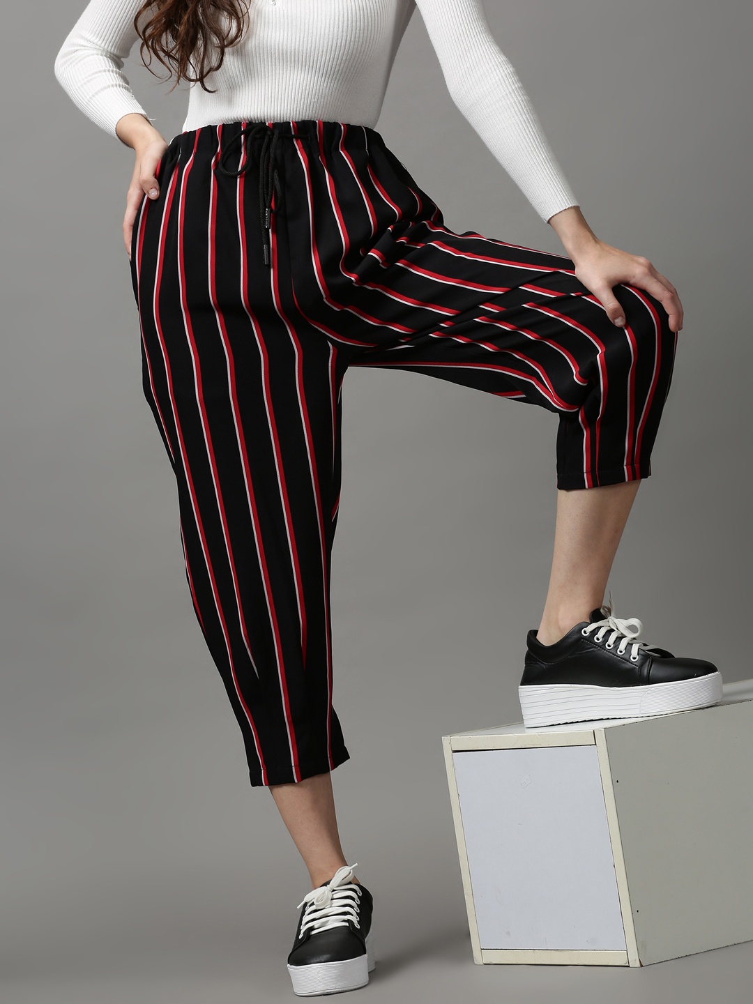 

SHOWOFF Women Black Striped Trousers
