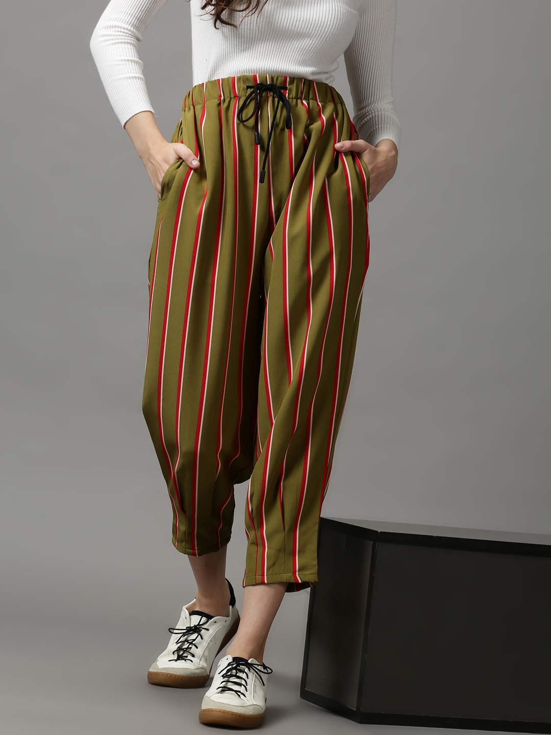 

SHOWOFF Women Olive Green Striped Trousers