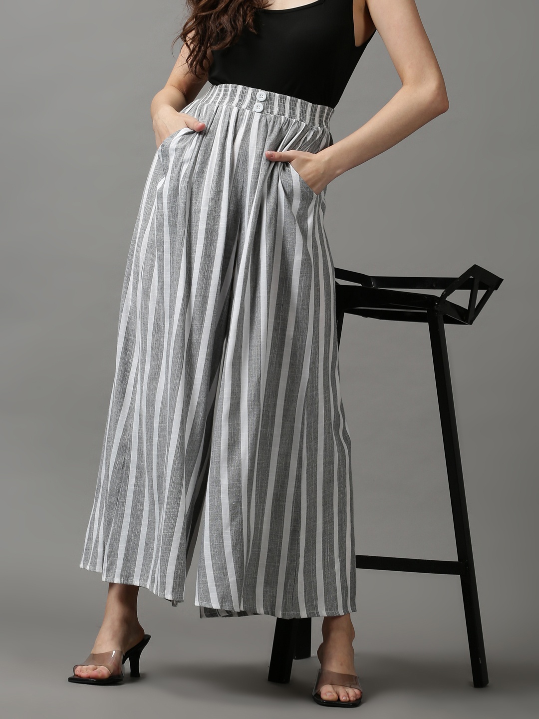 

SHOWOFF Women Grey Striped Flared Pleated Trousers