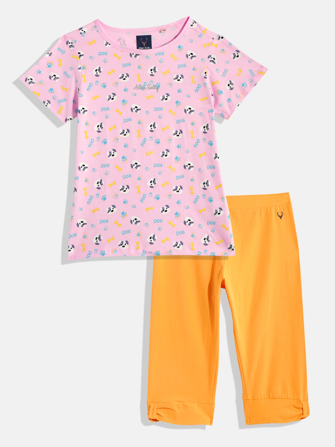 

Allen Solly Junior Girls Pink Printed T-shirt with Mustard Yellow Solid Trousers