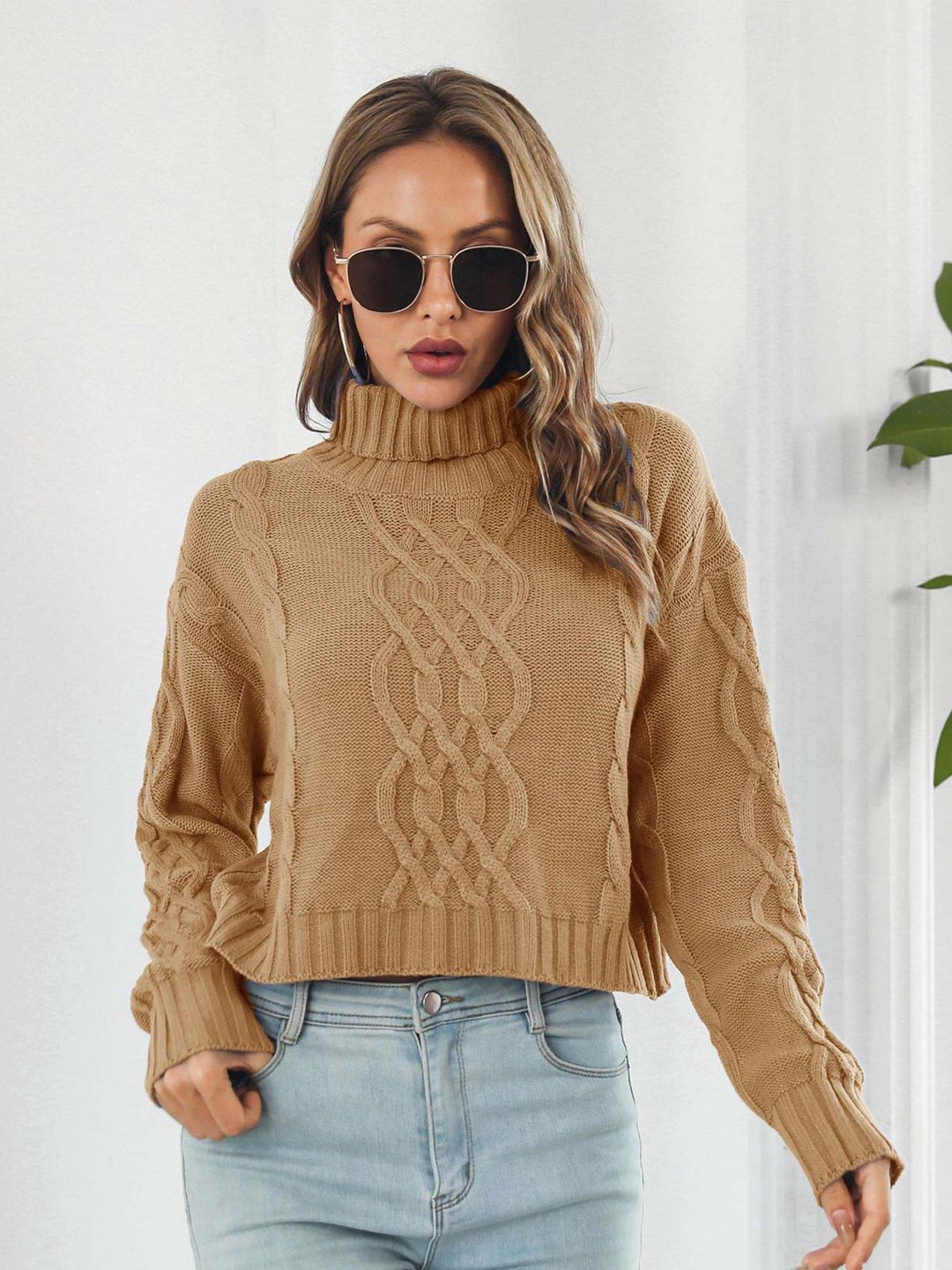 

StyleCast Women Beige Cable Knit Crop Pullover