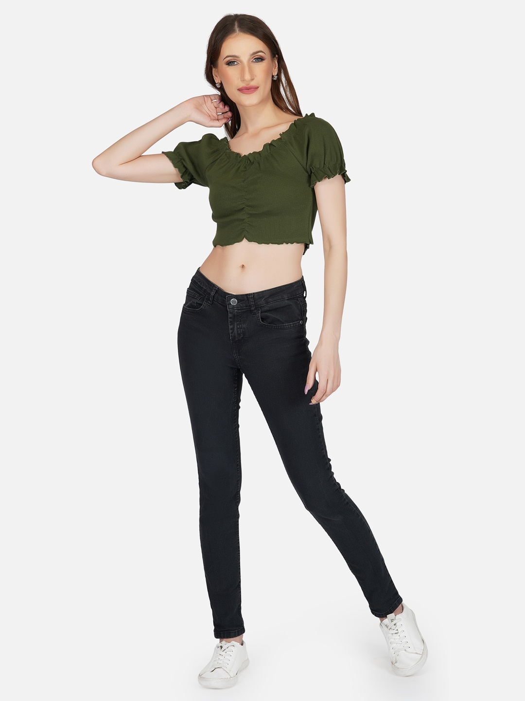 

Tinted Olive Green Round Neck Ruched Crop Top