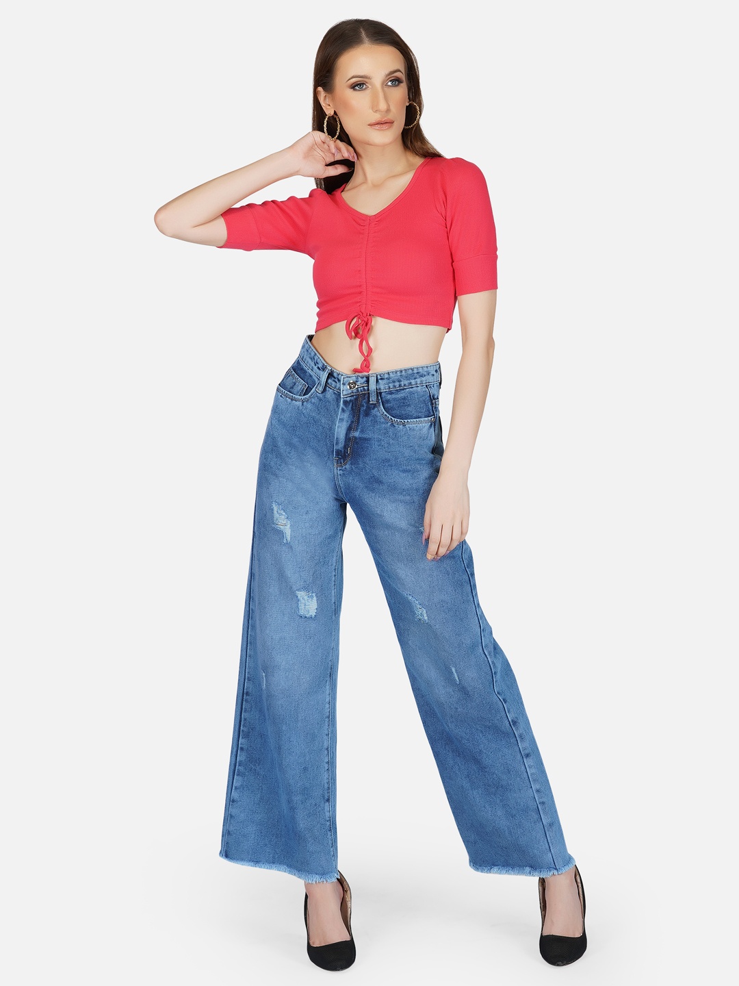 

Tinted Pink V-Neck Cotton Ruched Crop Top