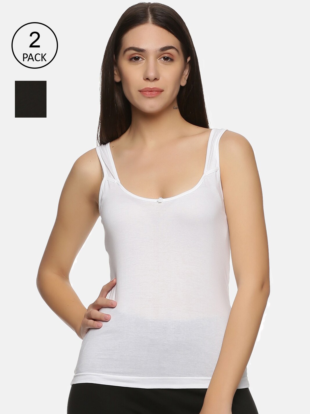 

NOT YET by us Women Pack Of 2 Solid White & Black Cotton Camisoles