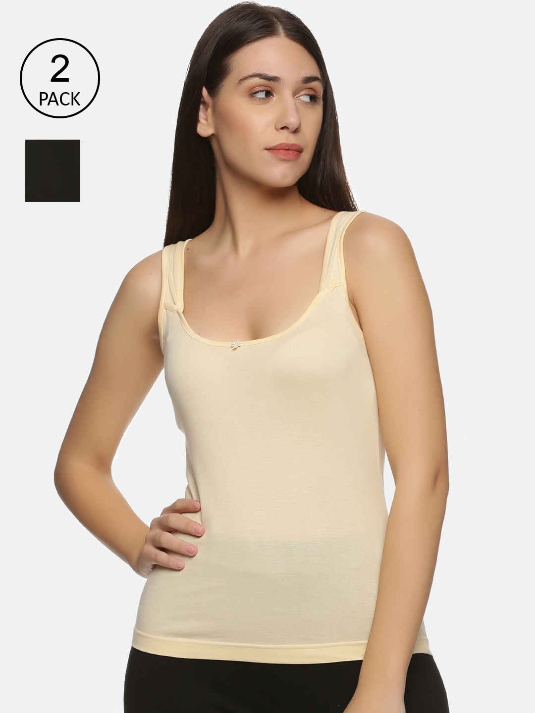 

NOT YET by us Women Pack of 2 Solid Camisoles - Black & Cream