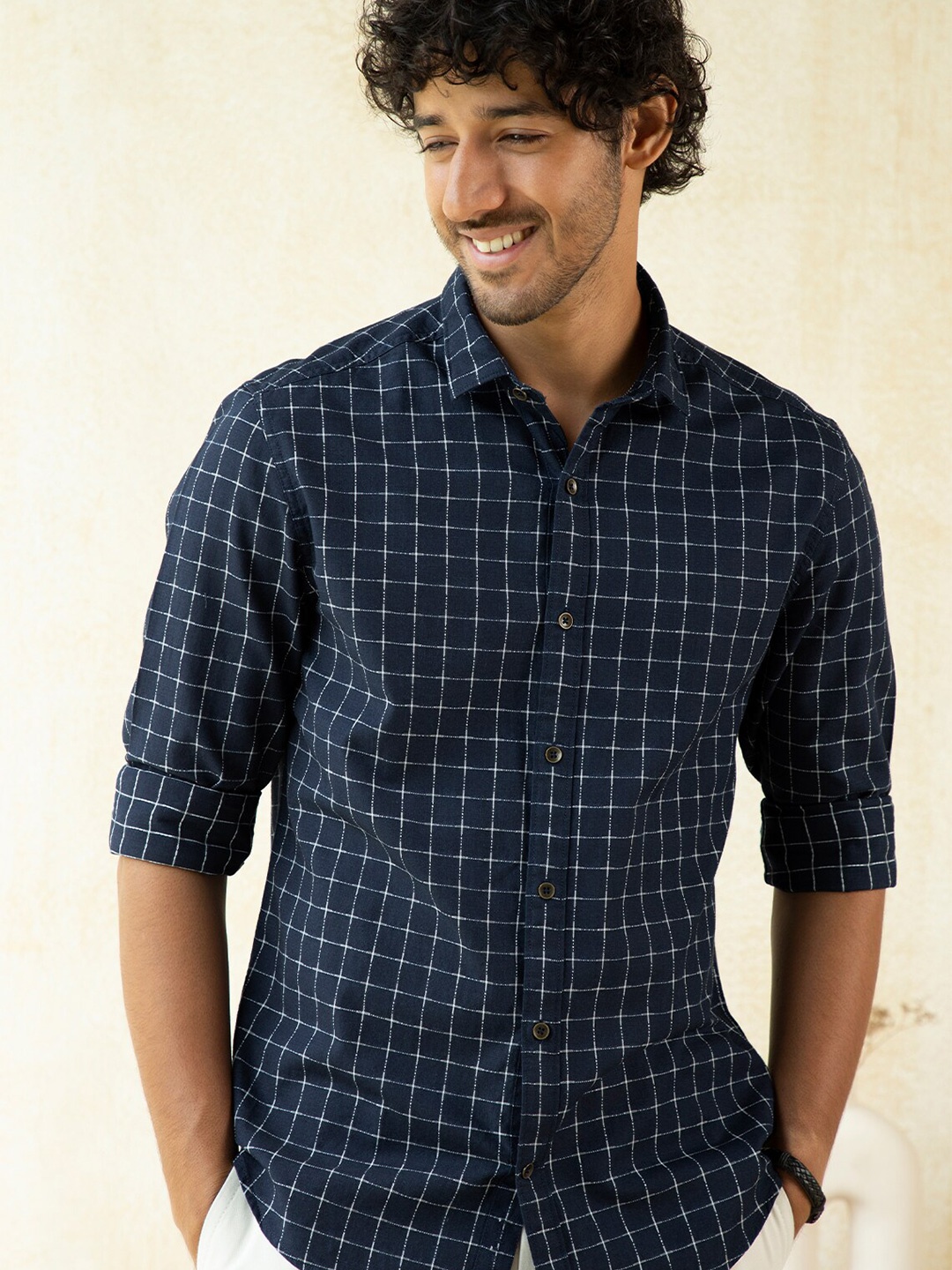 

Andamen Men Navy Blue Classic Grid Tattersall Checked Casual Shirt