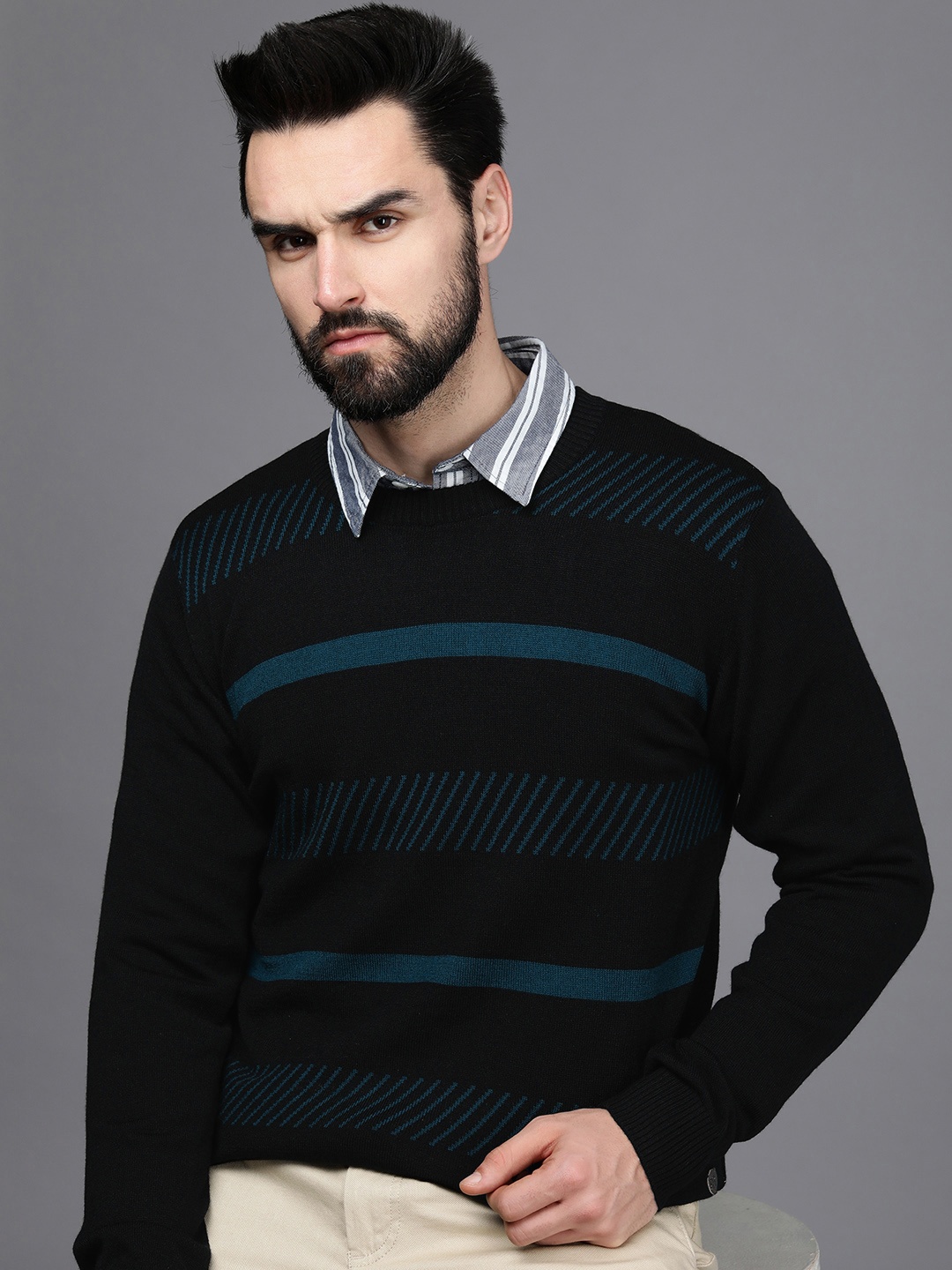 

Raymond Men Black & Blue Striped Pullover