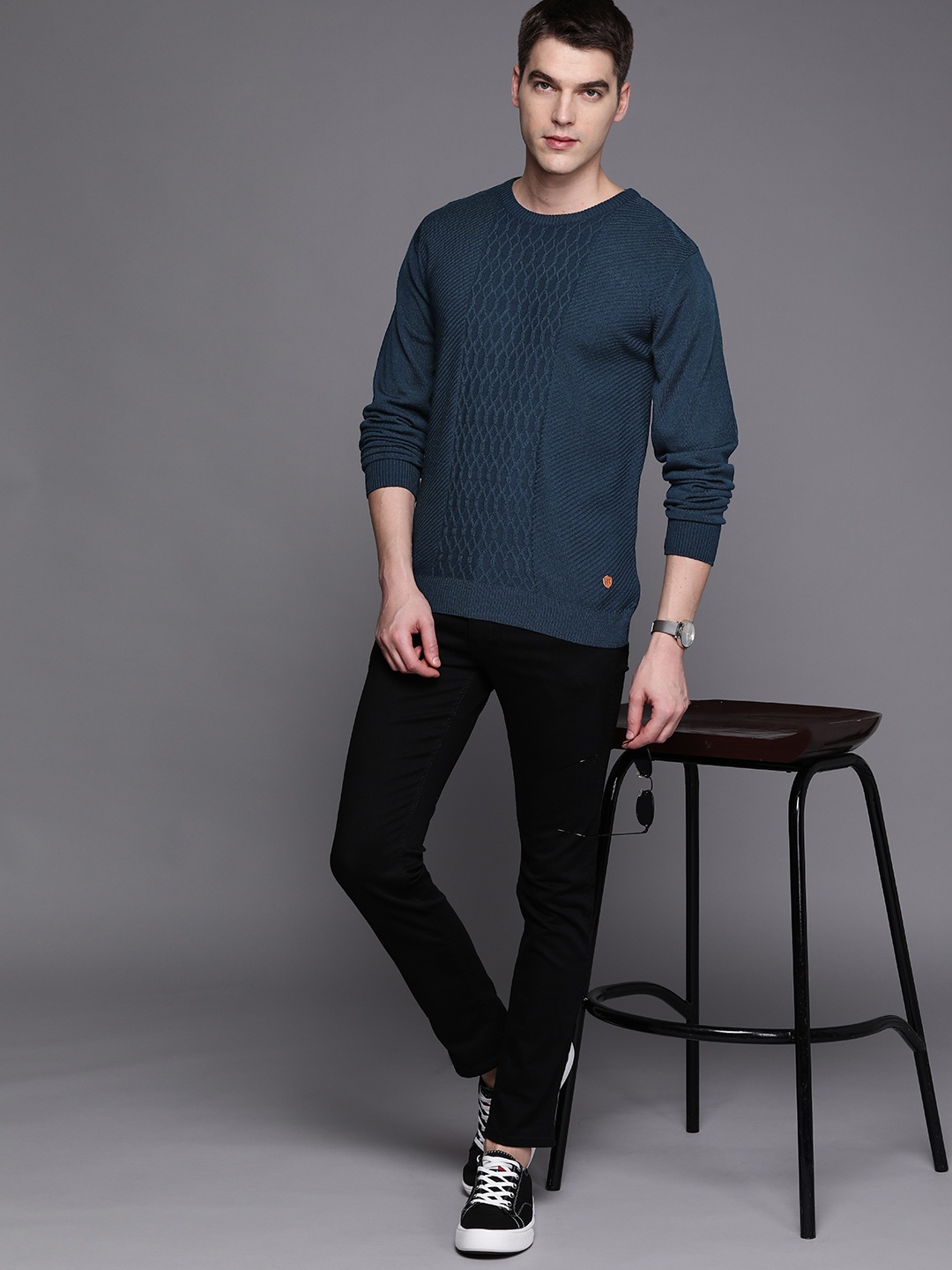 

Raymond Men Teal Blue Cable Knit Pullover