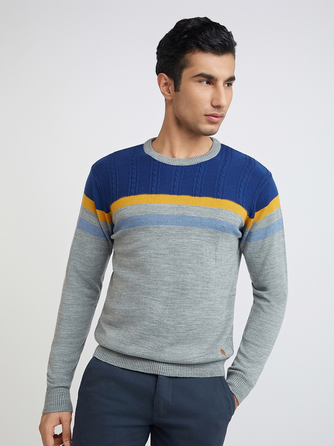 

Raymond Men Grey Melange & Blue Colourblocked Pullover