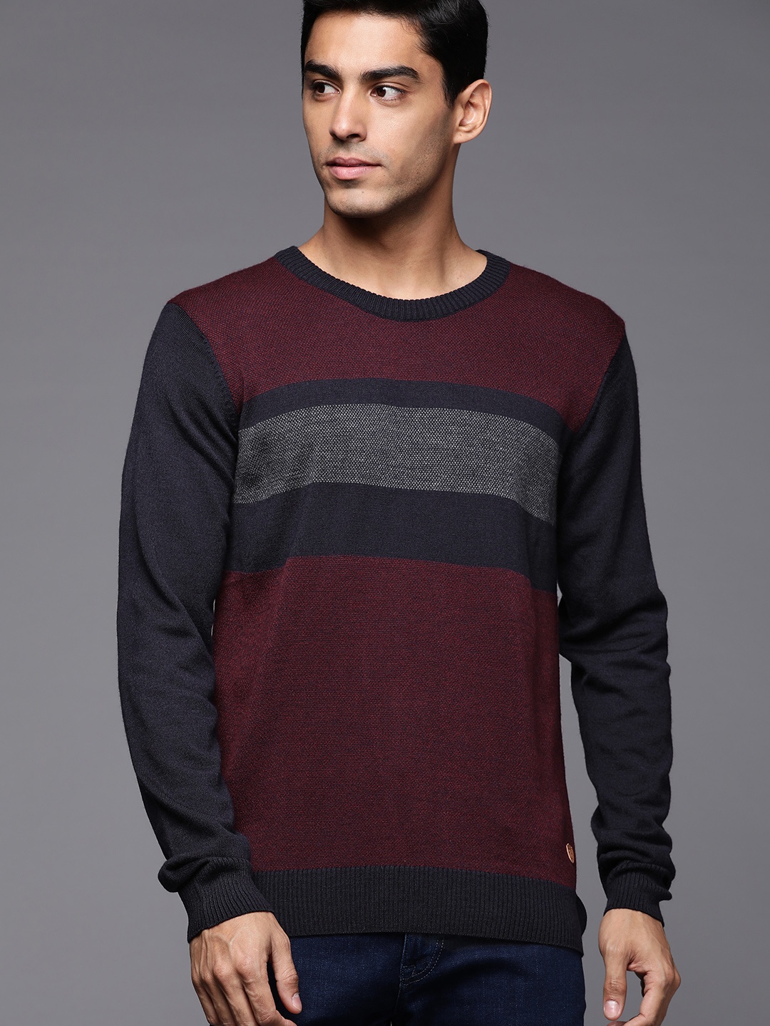 

Raymond Men Maroon & Navy Blue Striped Woolen Pullover