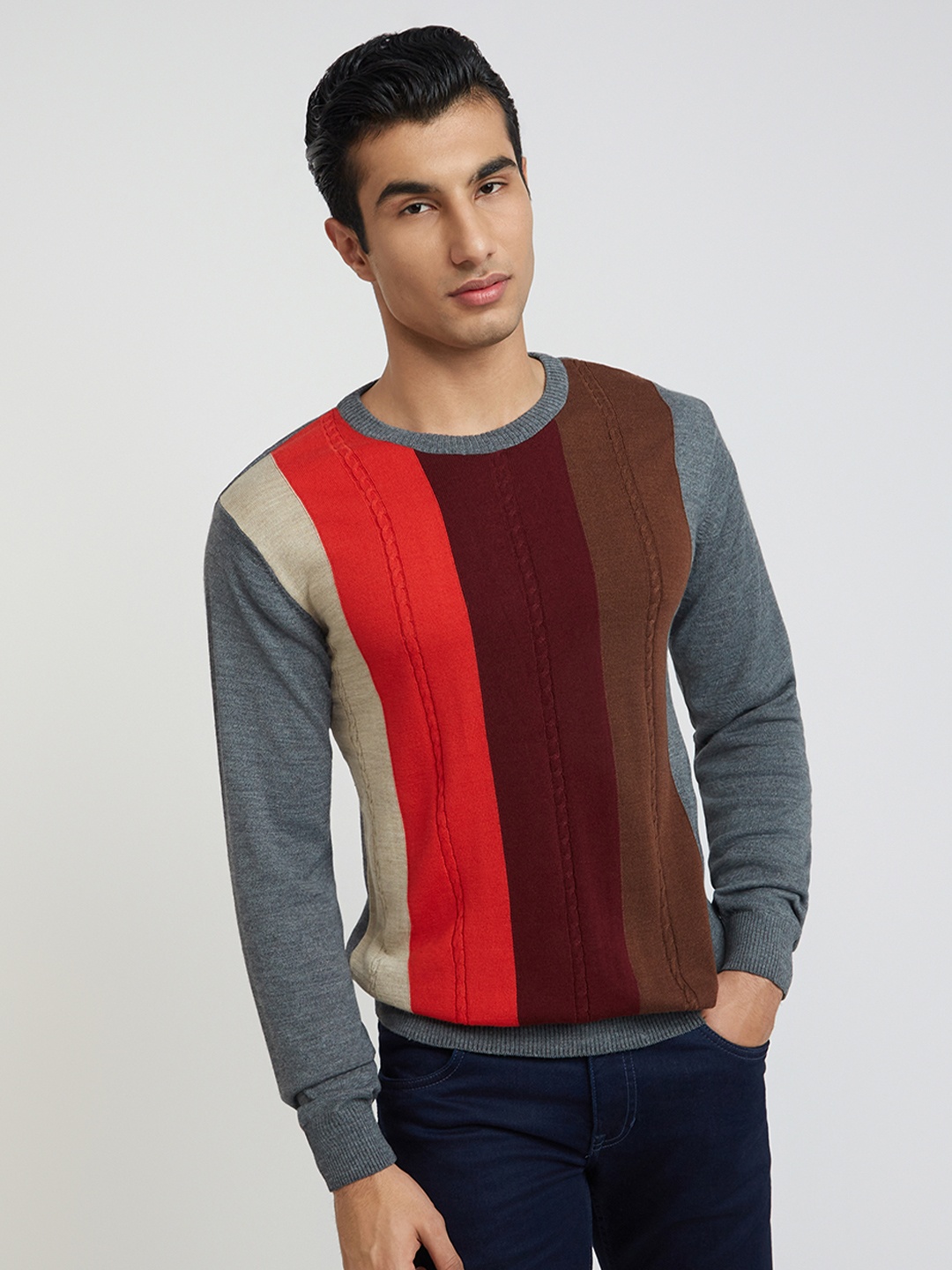

Raymond Men Maroon & Brown Striped Pullover