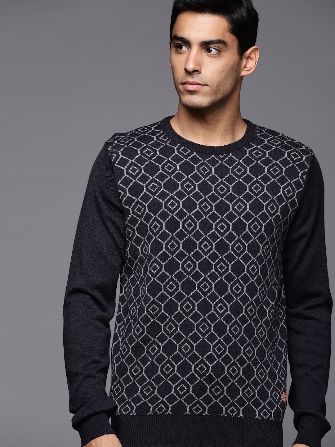 

Raymond Men Navy Blue & Grey Self-Design Pullover
