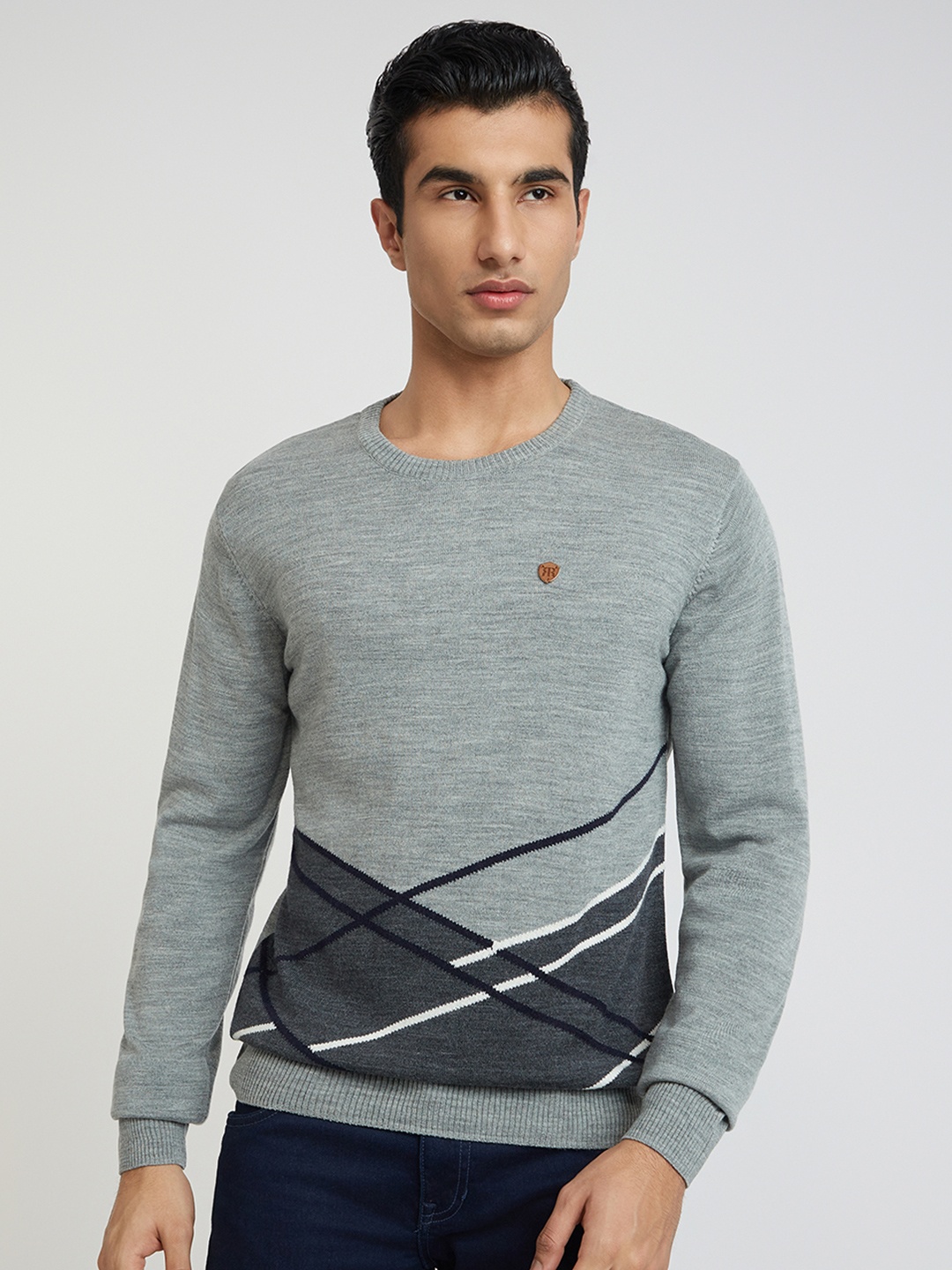 

Raymond Men Grey Colourblocked Geometric Sweater