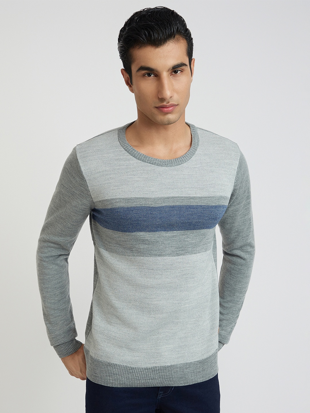 

Raymond Men Grey Melange & Blue Striped Woolen Pullover