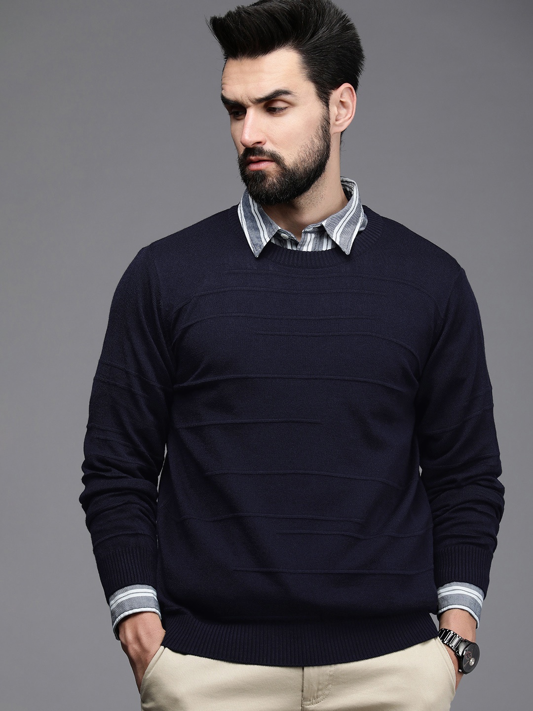 

Raymond Men Navy Blue Self Design Pullover