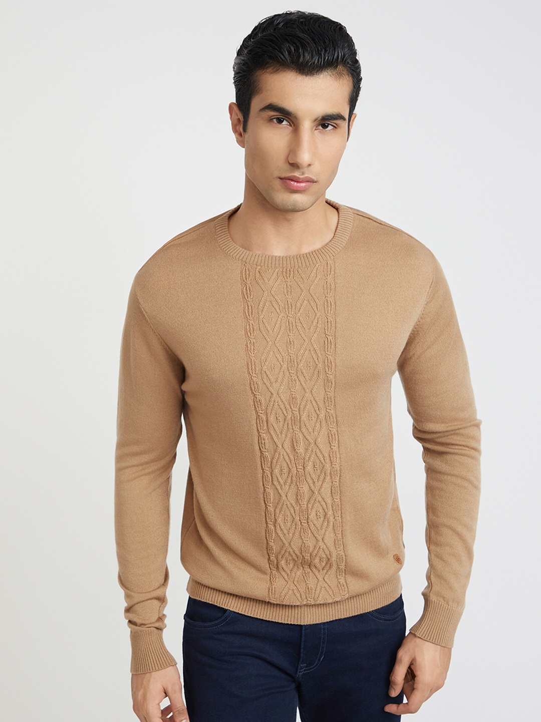 

Raymond Men Beige Self Design Pullover