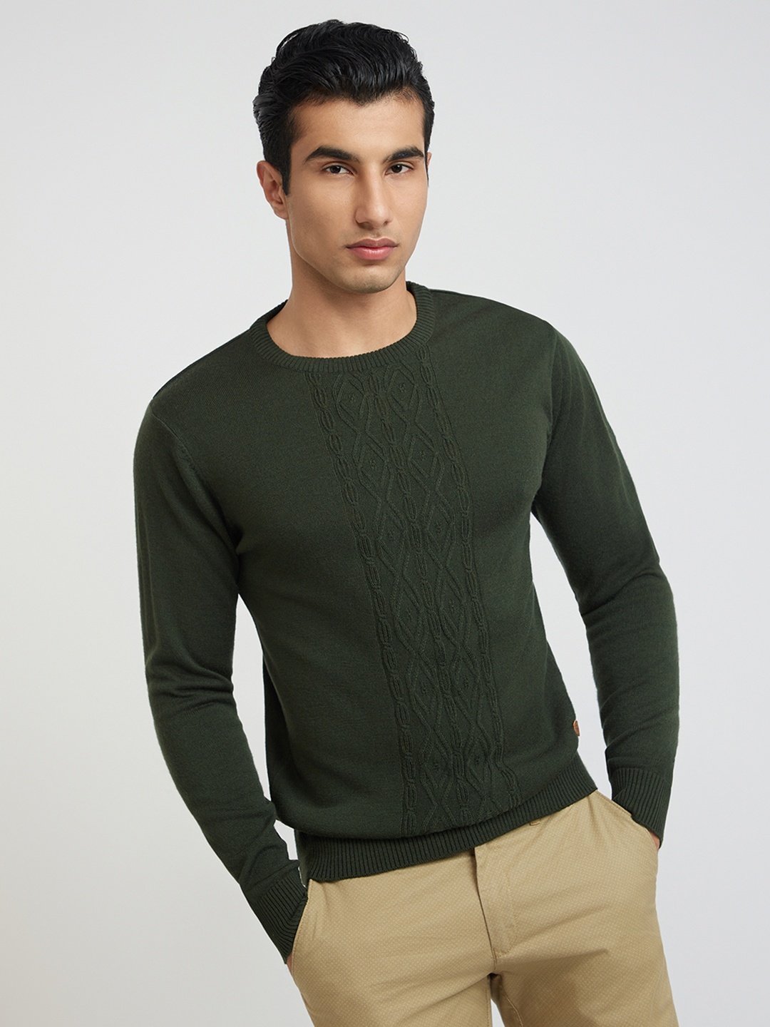 

Raymond Men Olive Green Solid Cable Knit Pullover