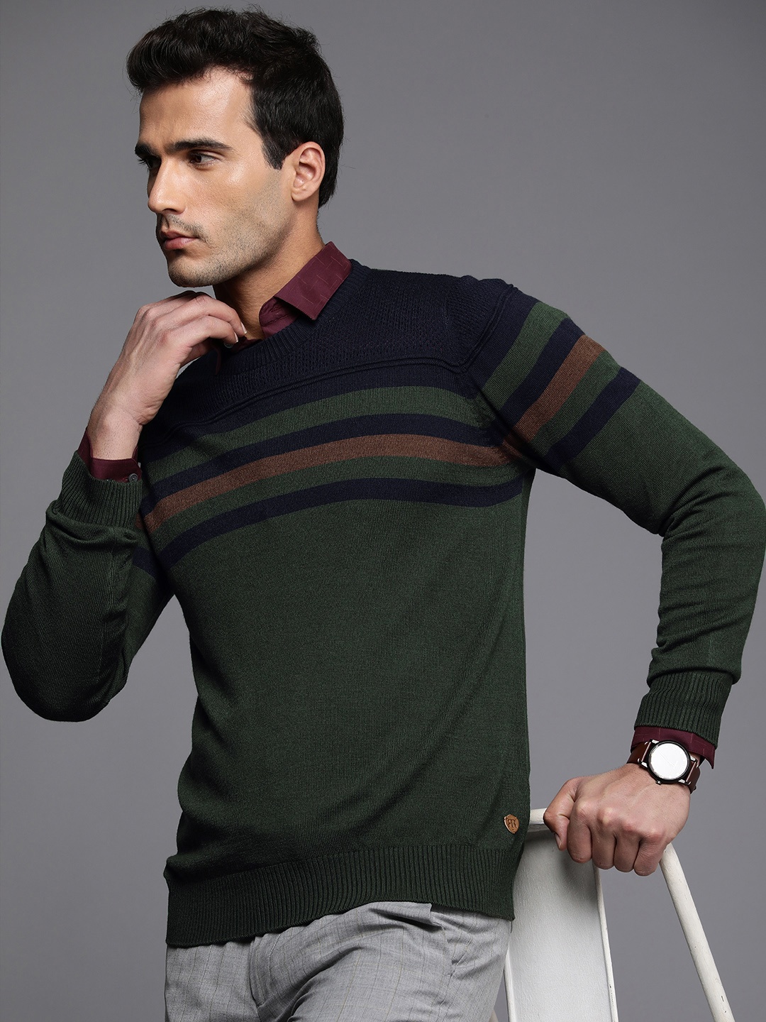 

Raymond Men Green & Navy Blue Striped Round Neck Long Sleeves Pullover