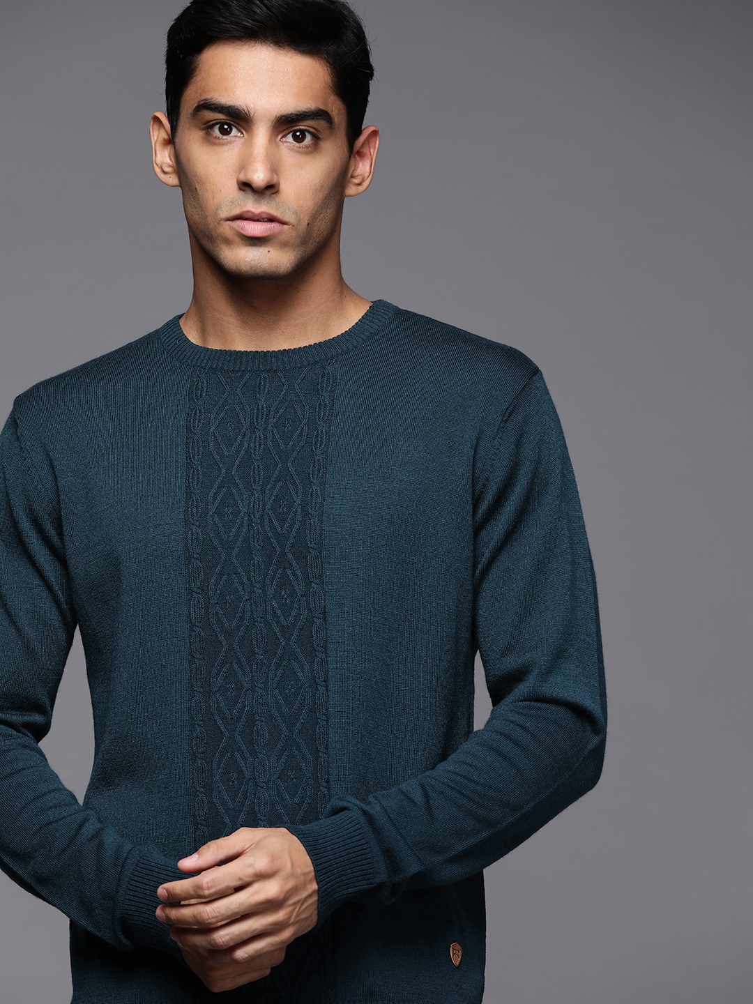 

Raymond Men Teal Blue Solid Cable Knit Pullover