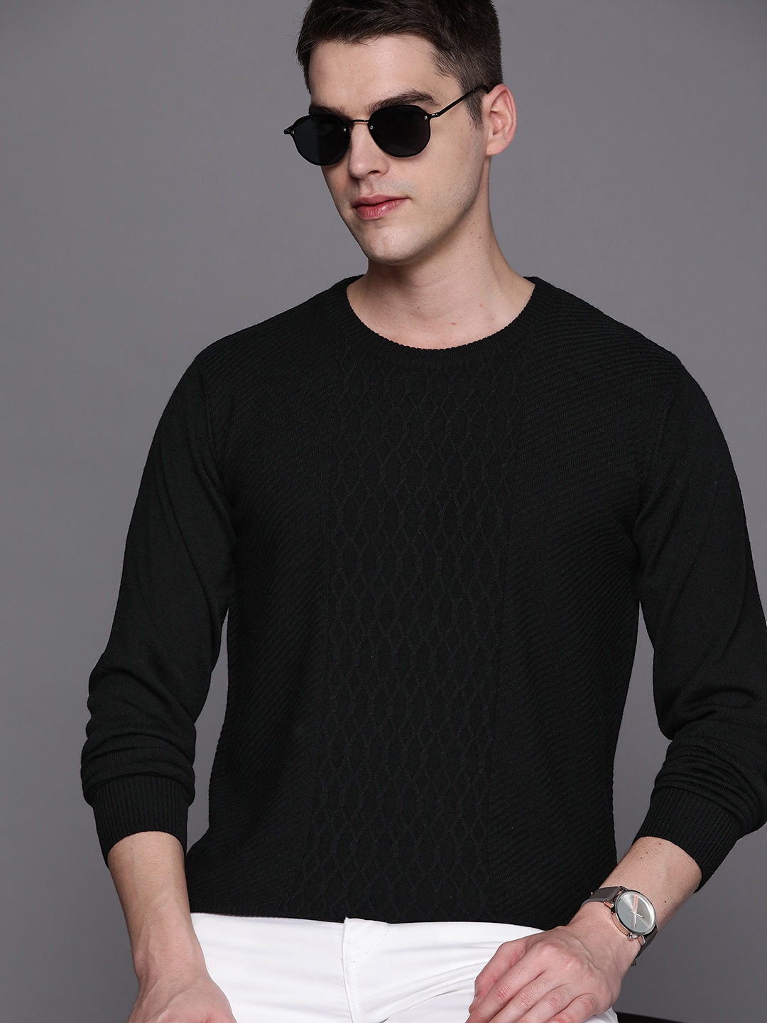 

Raymond Men Black Self-Design Pullover