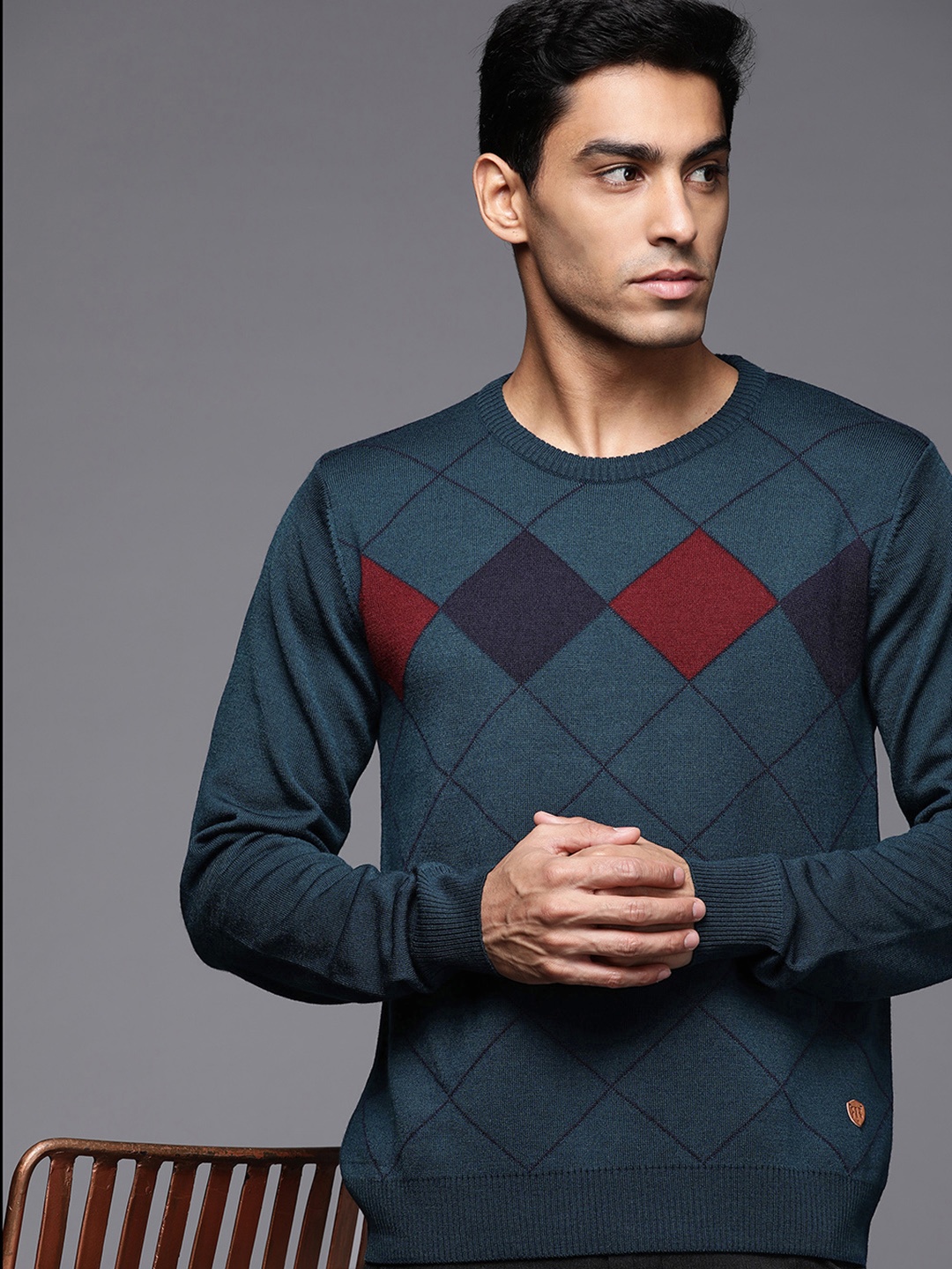 

Raymond Men Teal Blue Geometric Pullover