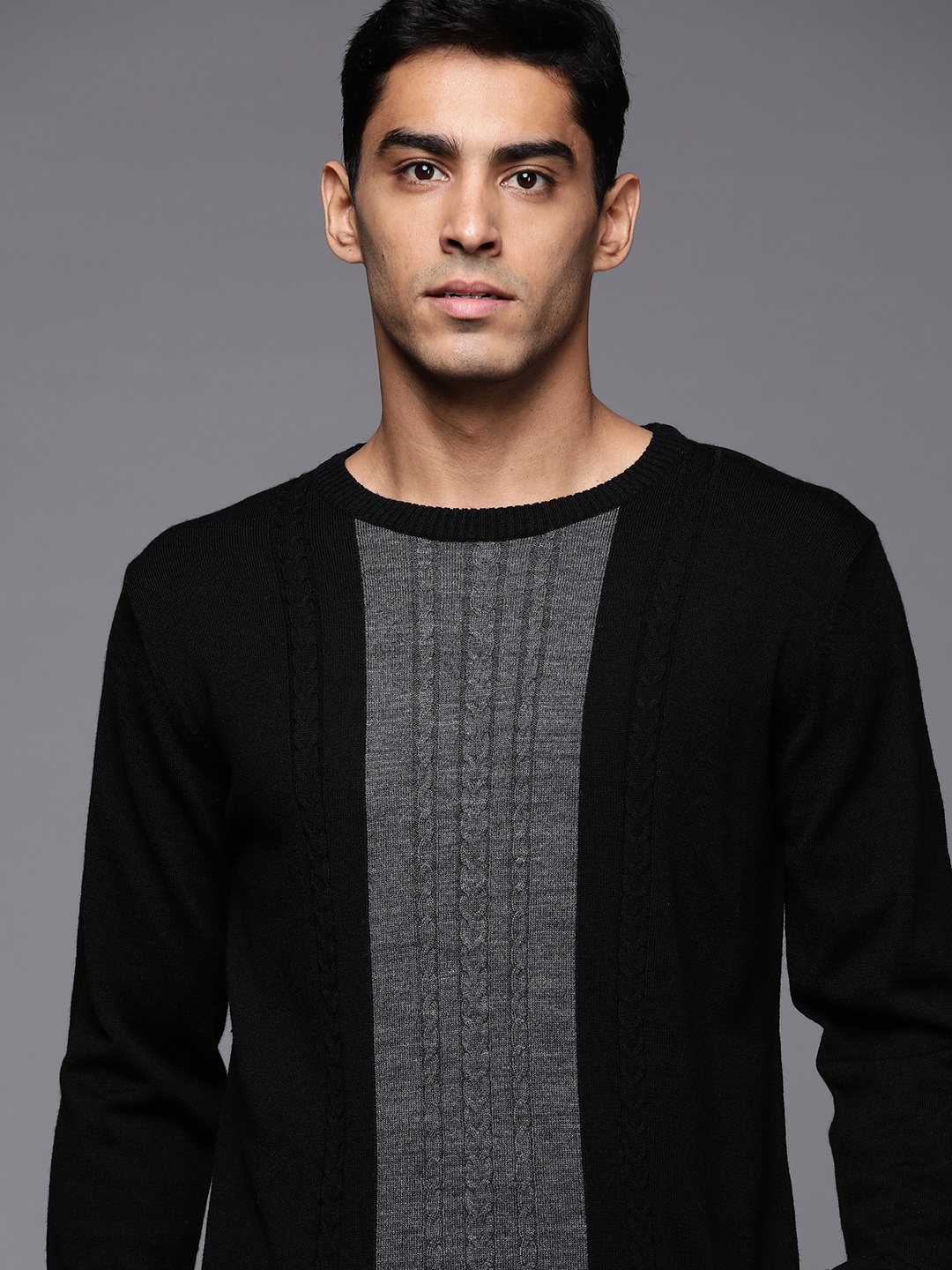 

Raymond Men Black & Grey Colourblocked Pullover with Cable Knit Detail