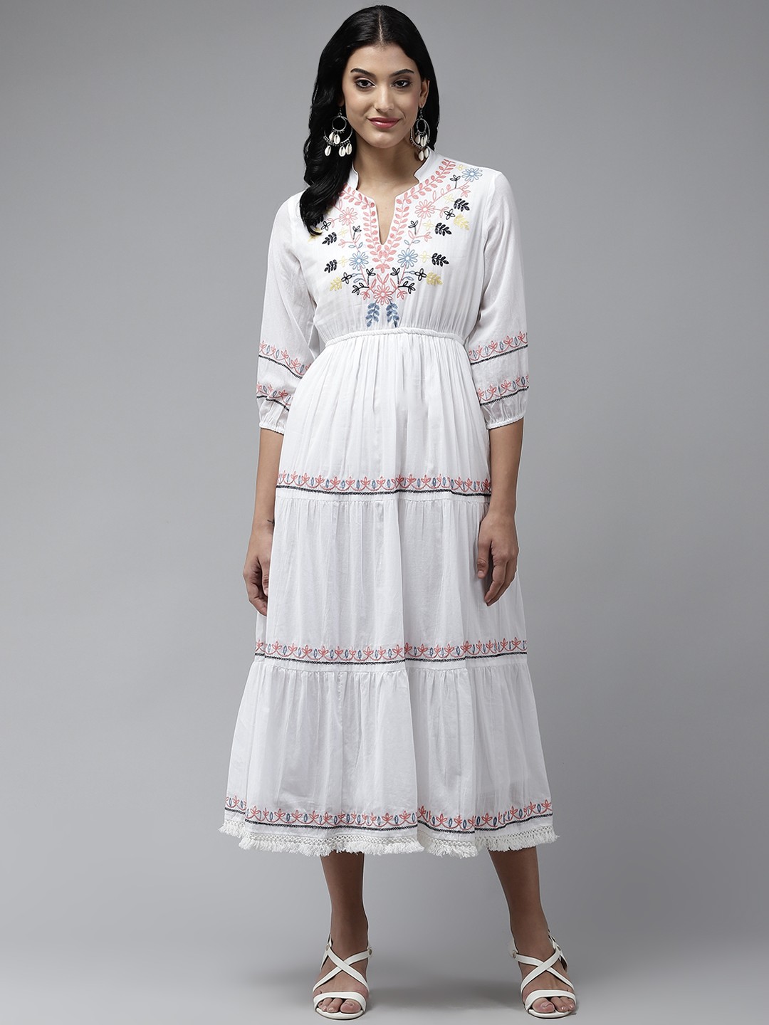 

Yufta White Floral Embroidered Cotton A-Line Midi Dress