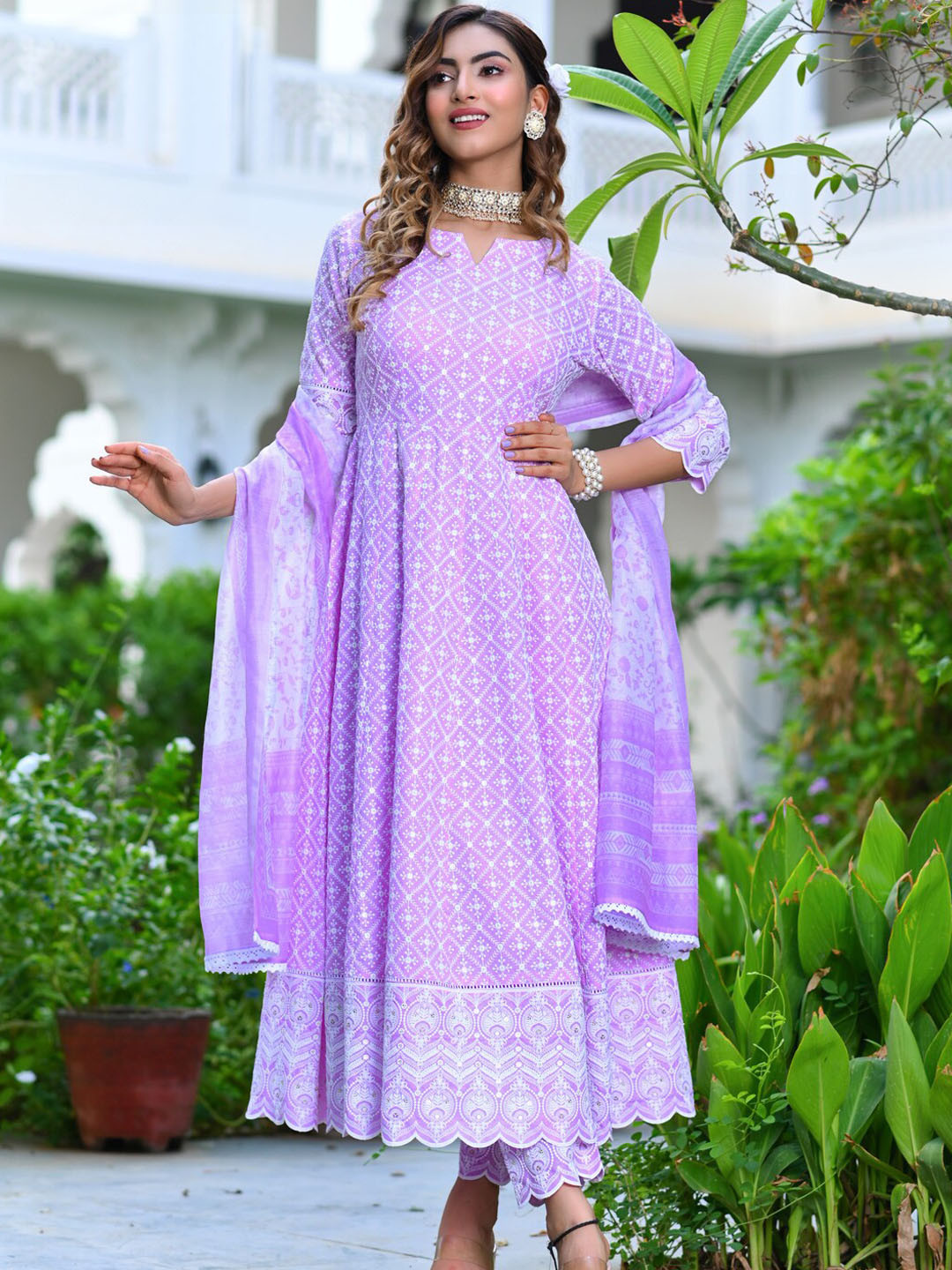 

Yufta Women Lavender Embroidered Pure Cotton Kurta with Trousers & Dupatta
