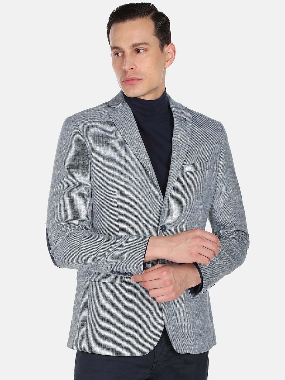 

Arrow Men Blue Self-Design Single-Breasted Formal Slim-Fit Zero Calorie Fit Formal Blazer