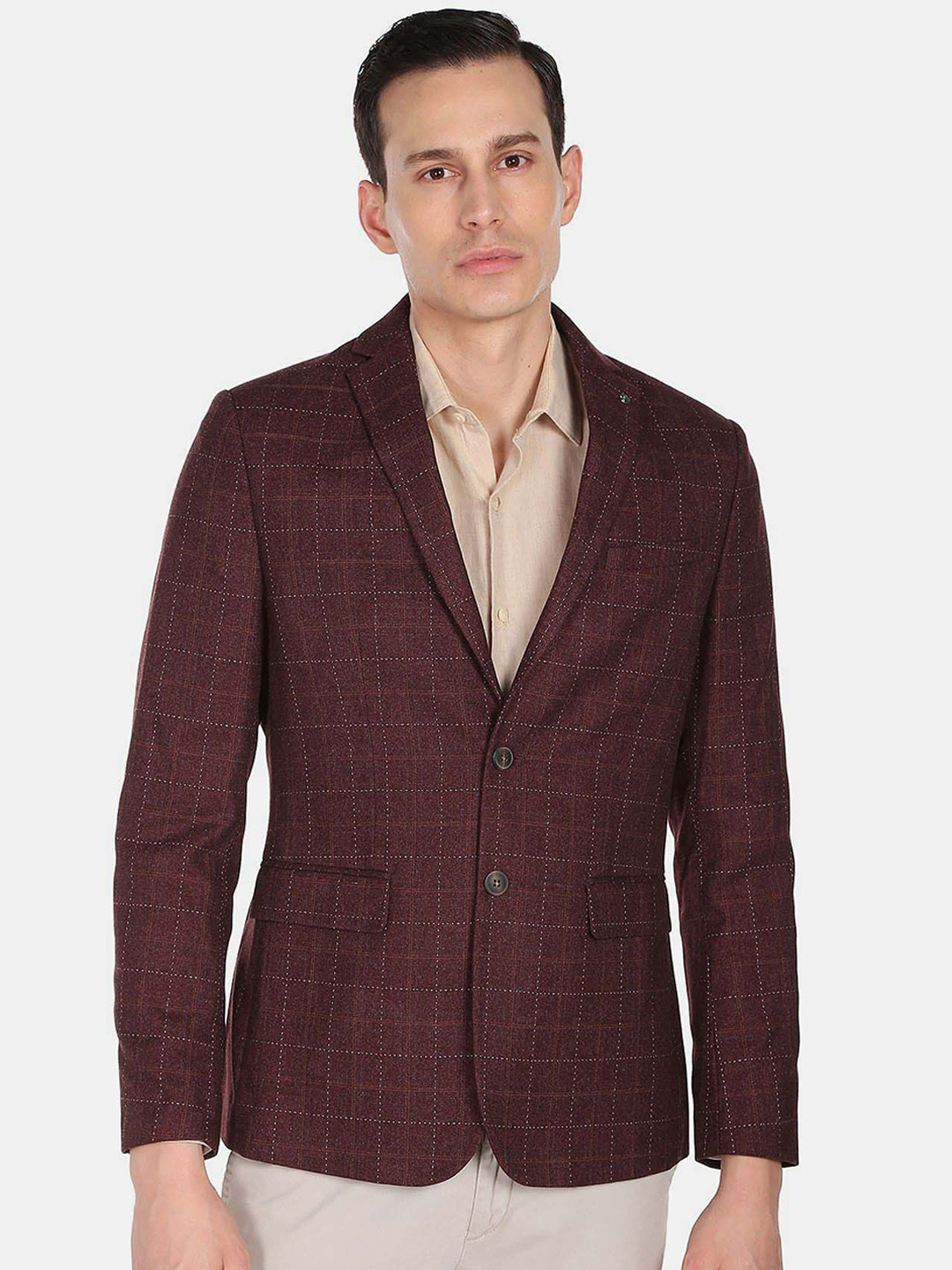 

Arrow Men Maroon Checked Single Breasted Blazer