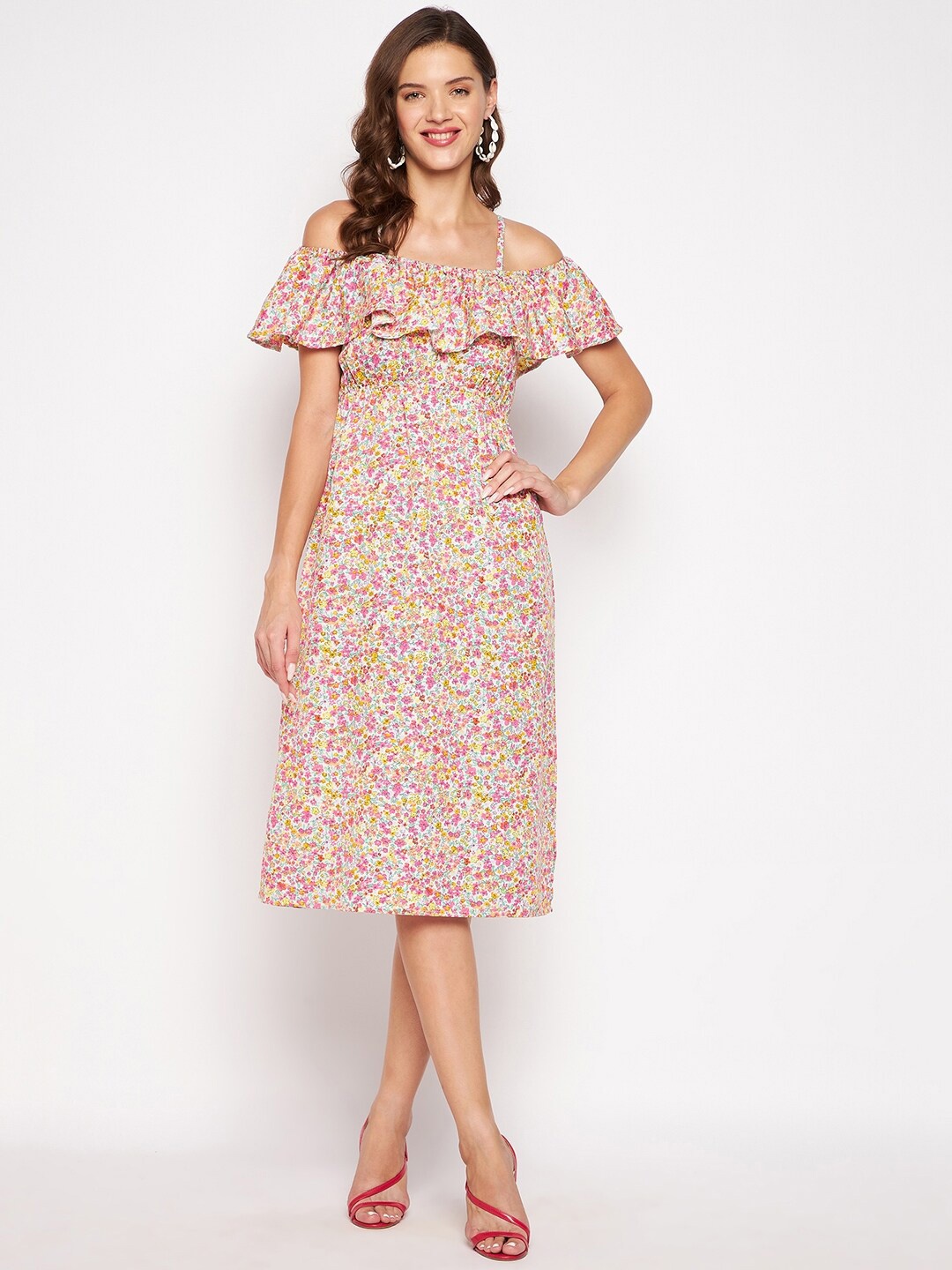 

Color Cocktail Women Pink & White Floral Printed Crepe Off-Shoulder A-Line Dress