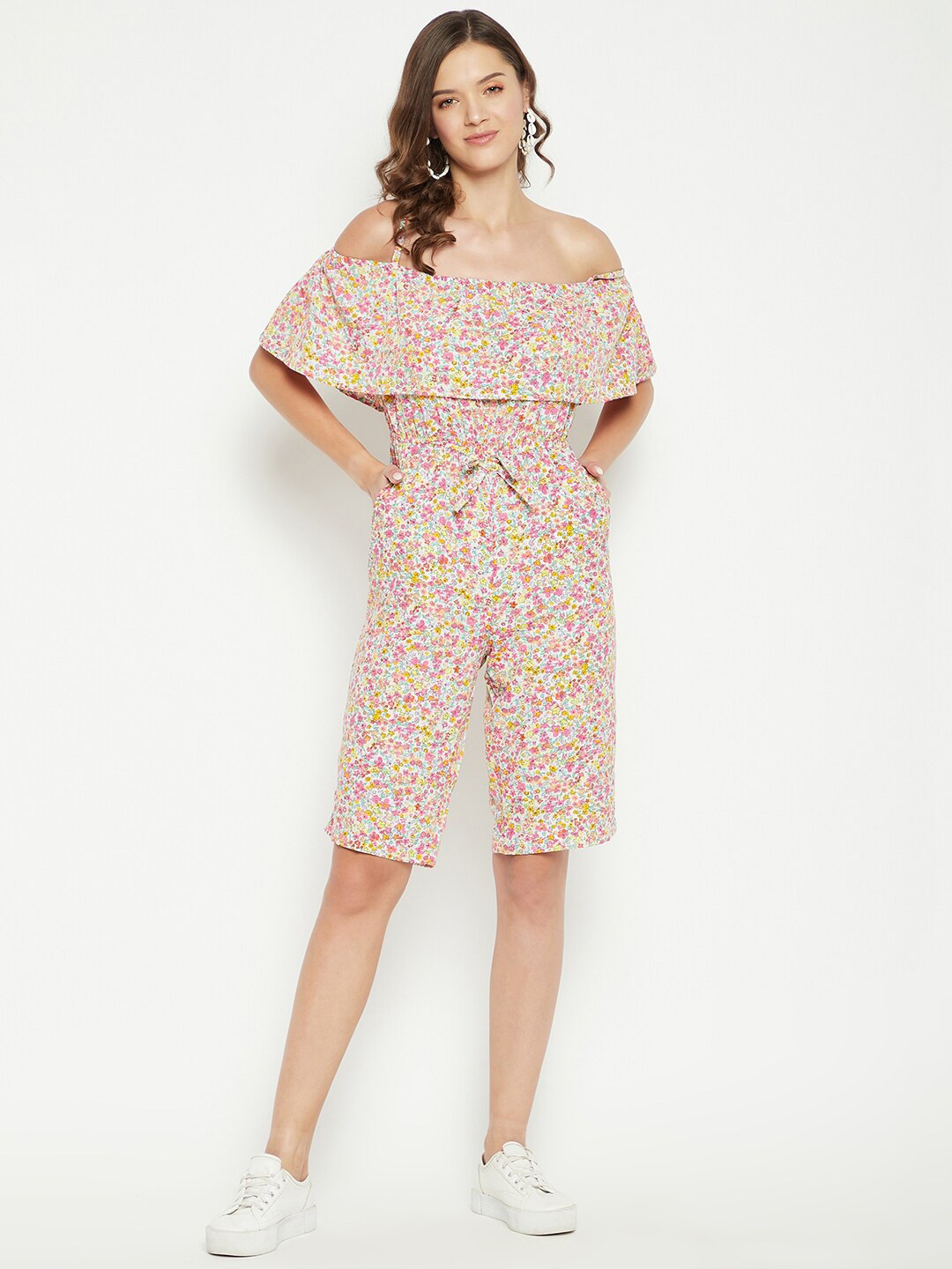 

Color Cocktail White & Pink Off-Shoulder Printed Basic Jumpsuit