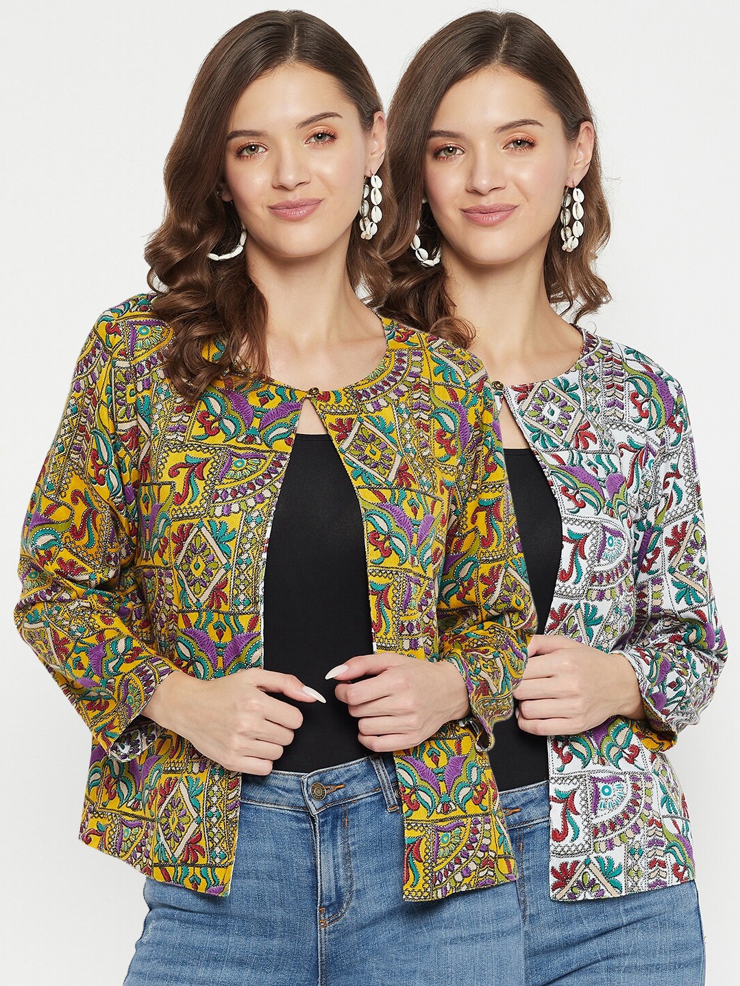 

Color Cocktail Women Yellow Grey Floral Reversible Open Front Jacket