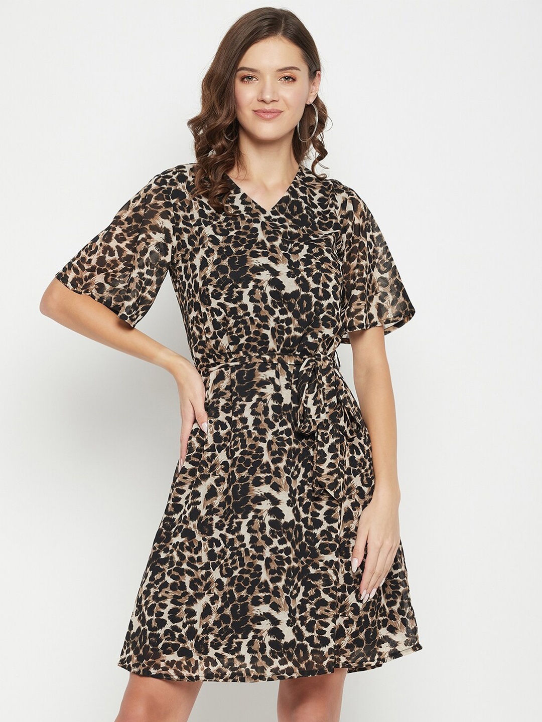 

Color Cocktail Brown Animal Georgette Fit & Flare Dress