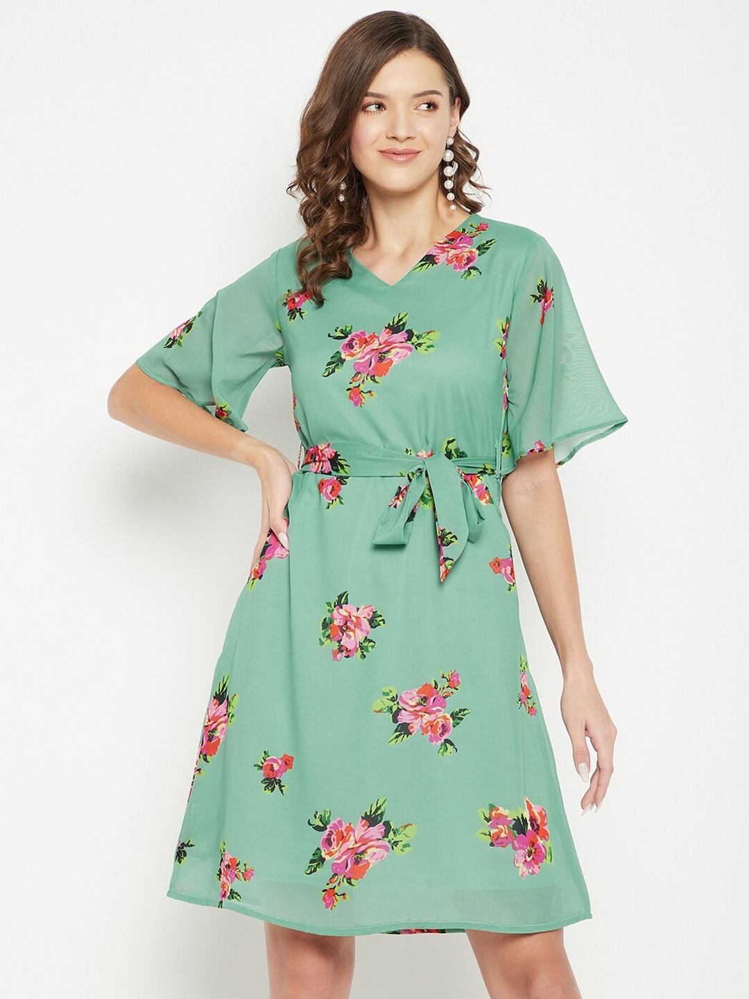 

Color Cocktail Women Green Floral Georgette A-Line Dress