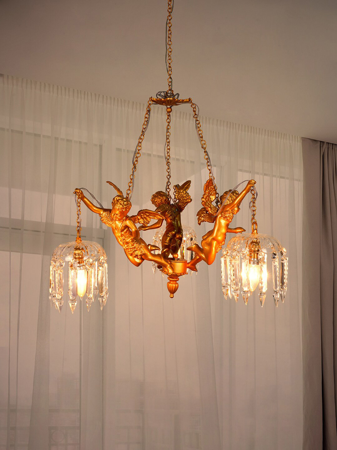 

Fos Lighting Gold-Toned Solid 3-Lights Antique Crystal Chandelier