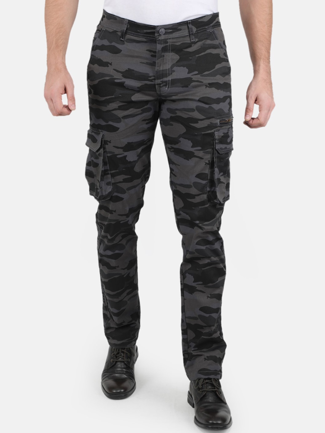 

Monte Carlo Men Grey Camouflage Printed Smart Slim Fit Cargos Trousers