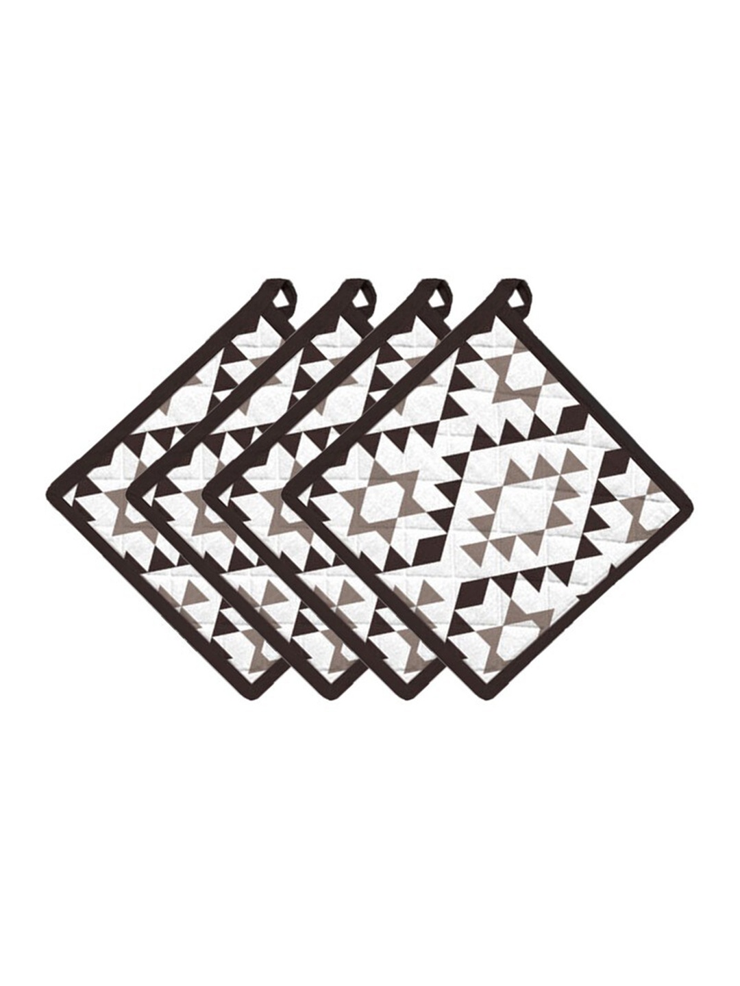 

Lushomes Set Of 4 White & Black Geometric Printed Cotton Pot Holders