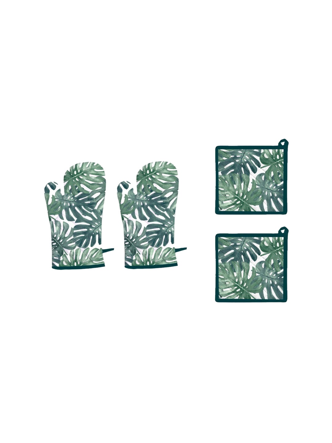

Lushomes Green Printed and Quilted Oven Gloves and Mitten Set
