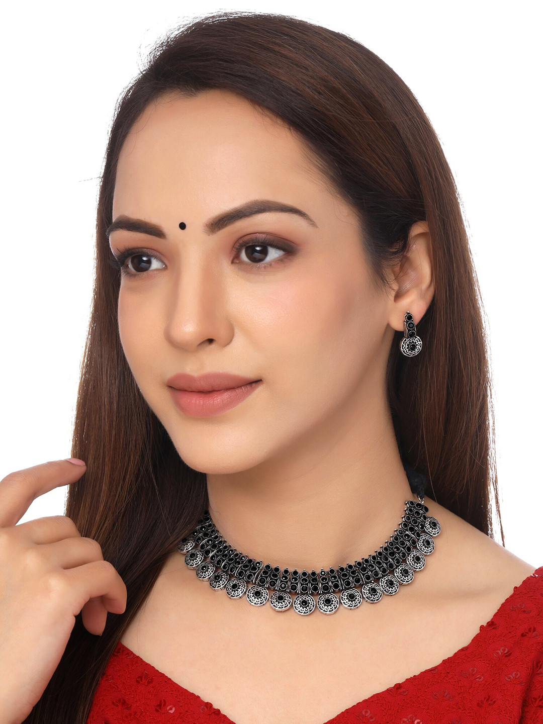 

Yellow Chimes Silver-Plated Black Stone Studded Choker Jewellery Set