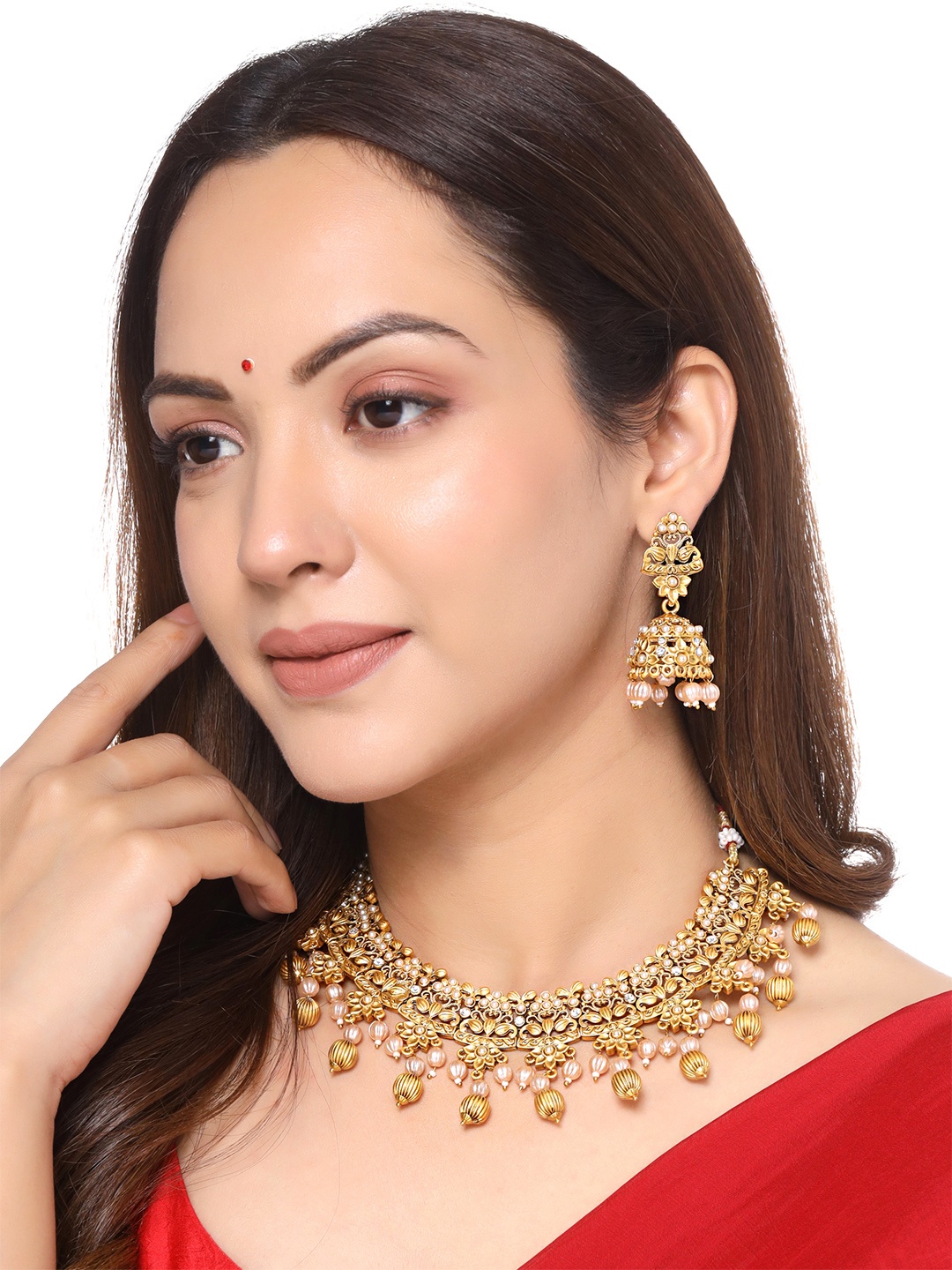 

Yellow Chimes Gold-Plated Moti Beaded Choker Jewellery Set