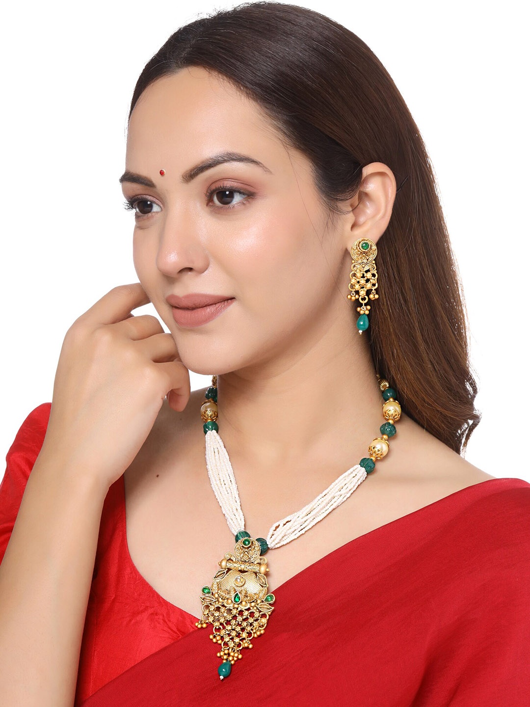 

Yellow Chimes Gold-Plated Green & White Pearl Beaded Jewellery Set