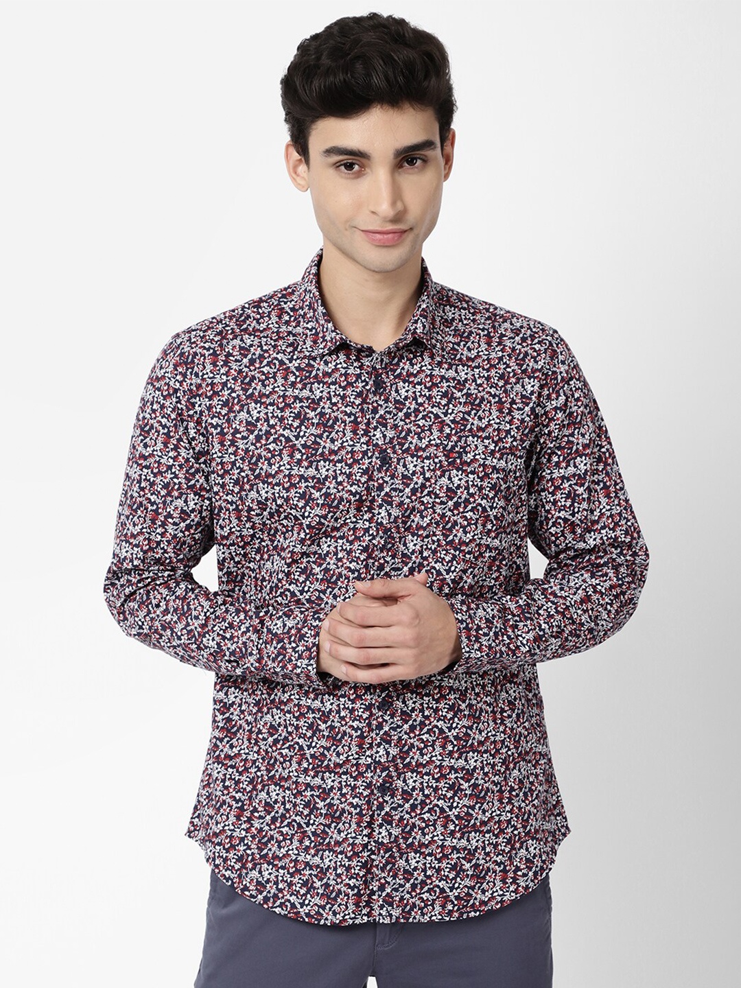 

AD By Arvind Men Navy Blue Slim Fit Printed Pure Cotton Casual Shirt